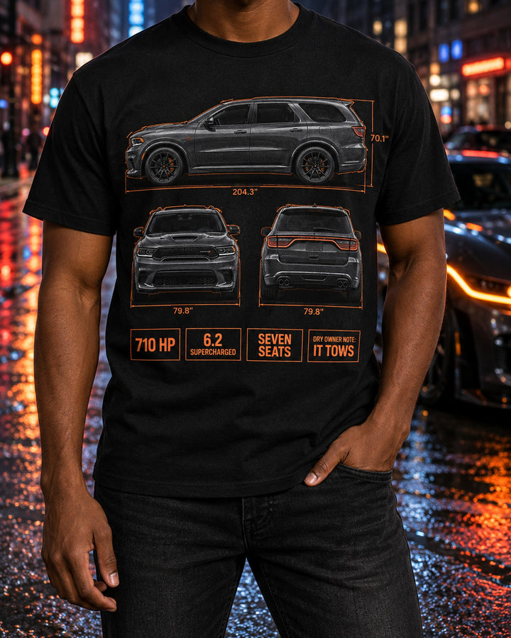 Dodge Durango SRT Hellcat 2021 Three-View Spec Shirt T-Shirt Black worn hero
