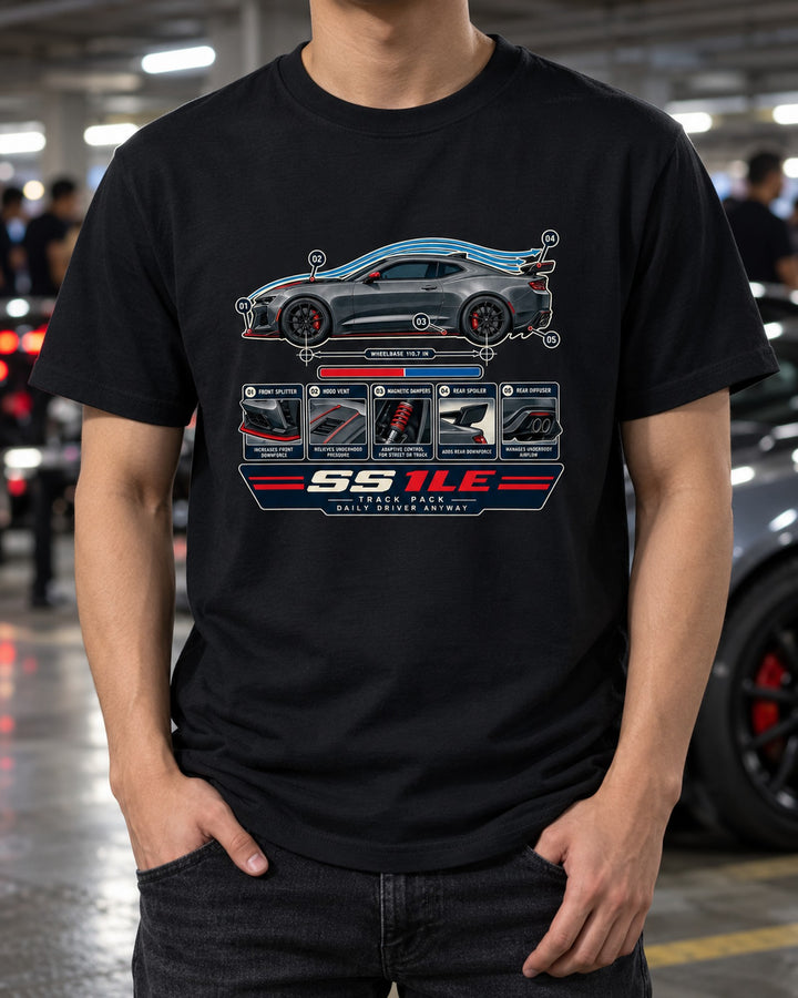 Camaro SS 1LE Track Pack Airflow Callouts Shirt, Daily Driver T-Shirt Black worn hero