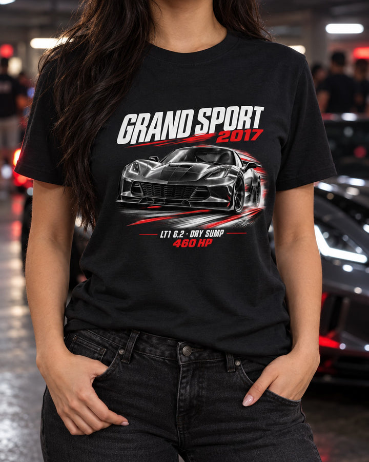 Corvette C7 Grand Sport 2017 LT1 Race Poster Shirt, 460 HP T-Shirt Black worn hero