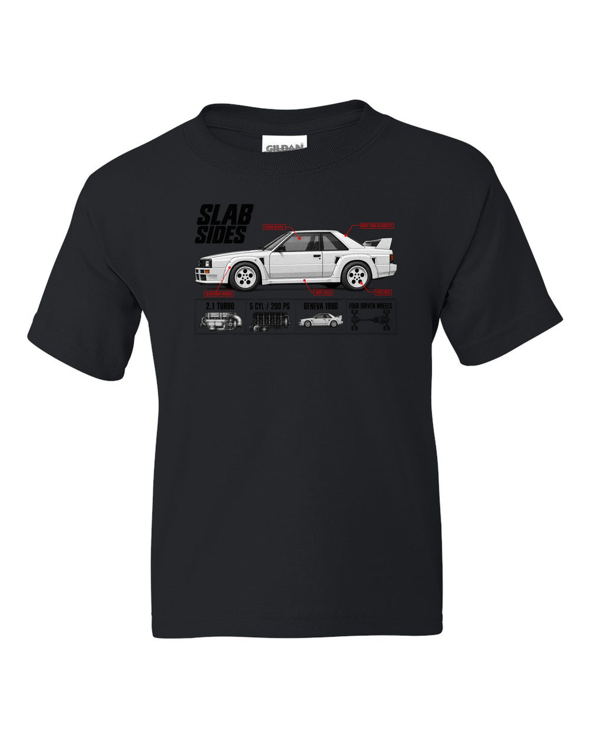 Audi Ur-Quattro Type 85 Slab Sides Spec Poster black kids tee front view with the design