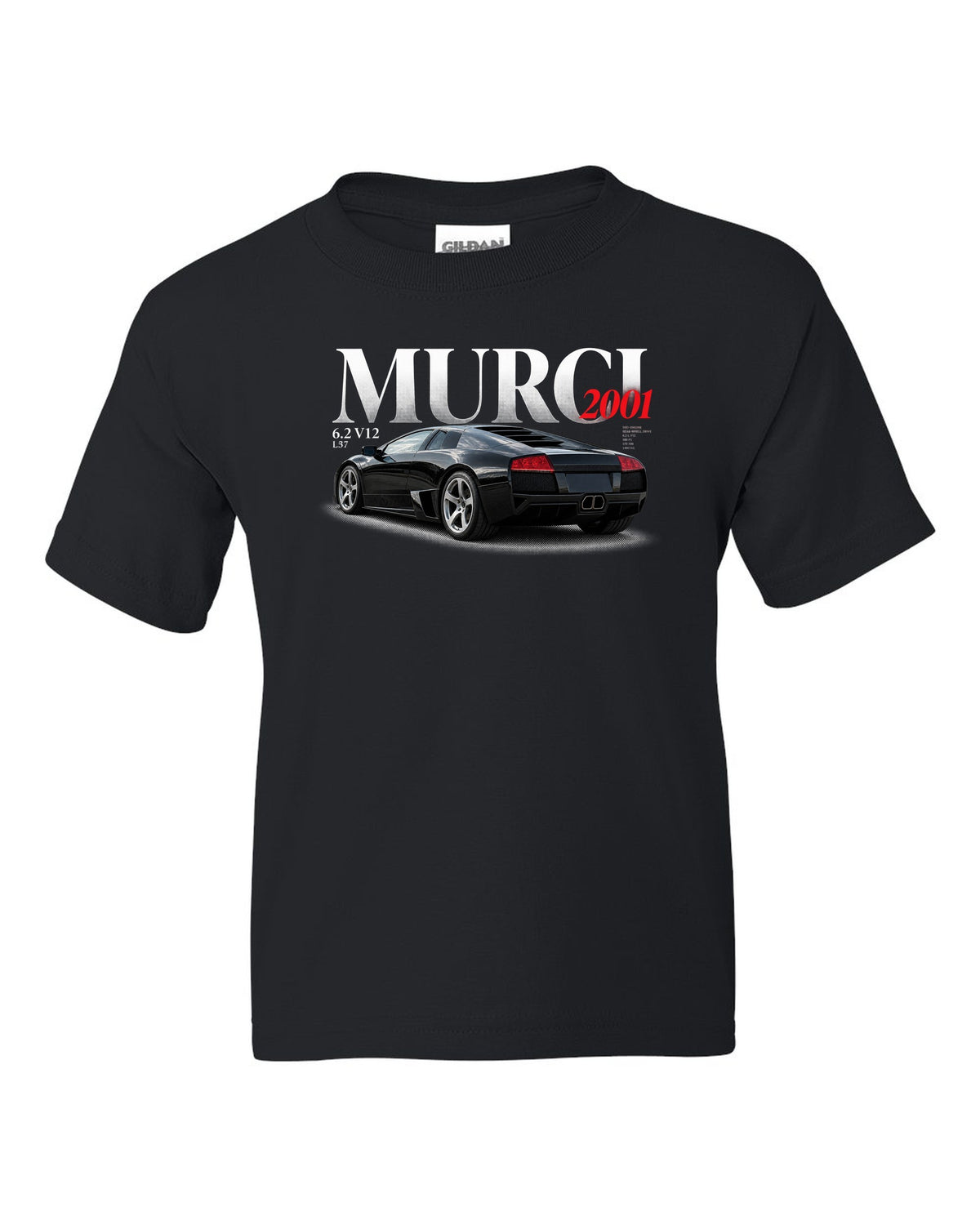 Editorial style print of a Lamborghini Murcielago L537 with 6.2 V12 and 2001 text black kids tee front view with the design
