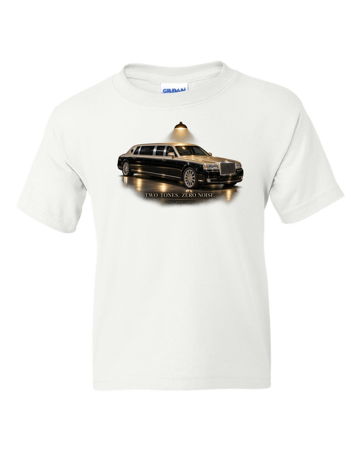 Garage night print of a Maybach 57 S W240 with Two Tones Zero Noise lettering white kids tee front view with the design