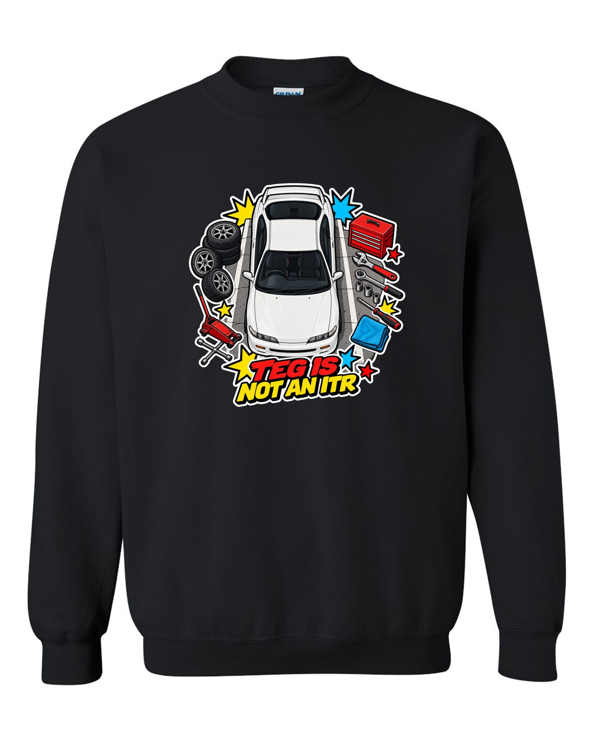 Retro Showa catalogue ad style print of a 2002 Honda Integra DC5 ch with K20A six speed text black crewneck front view with the design