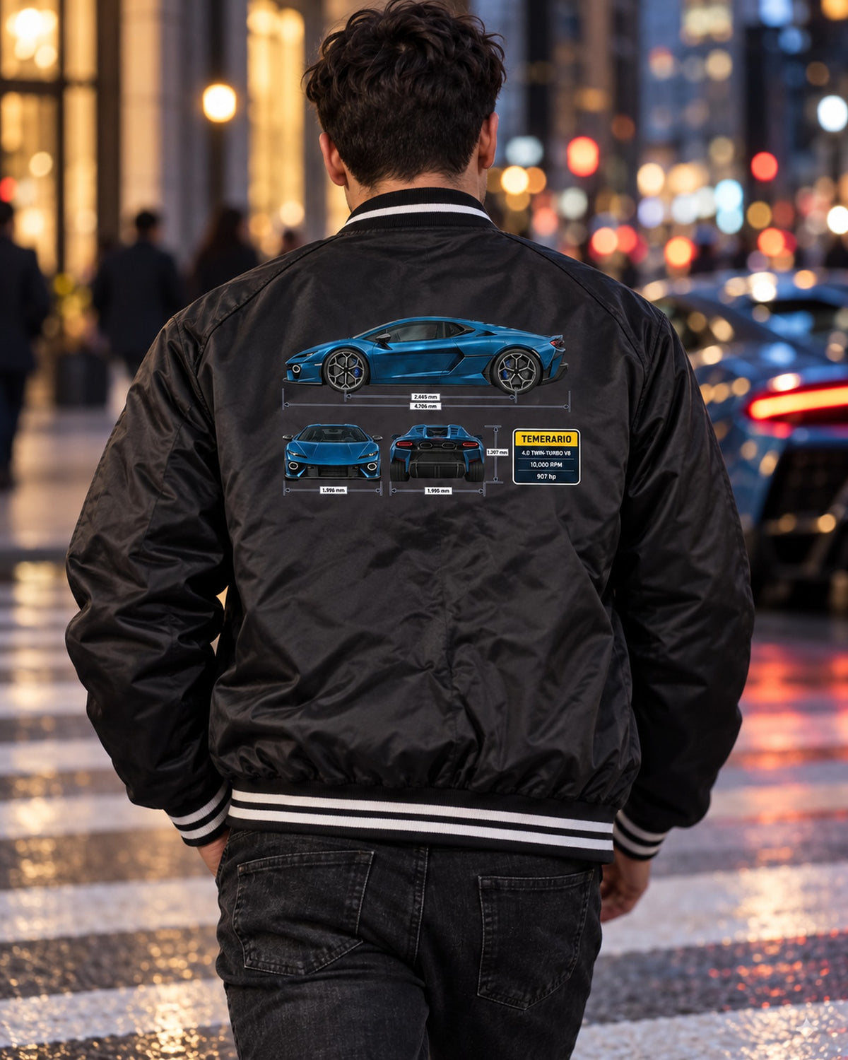 Lamborghini Temerario Three-View Spec Shirt, Twin-Turbo V8 Bomber Jacket Black worn hero