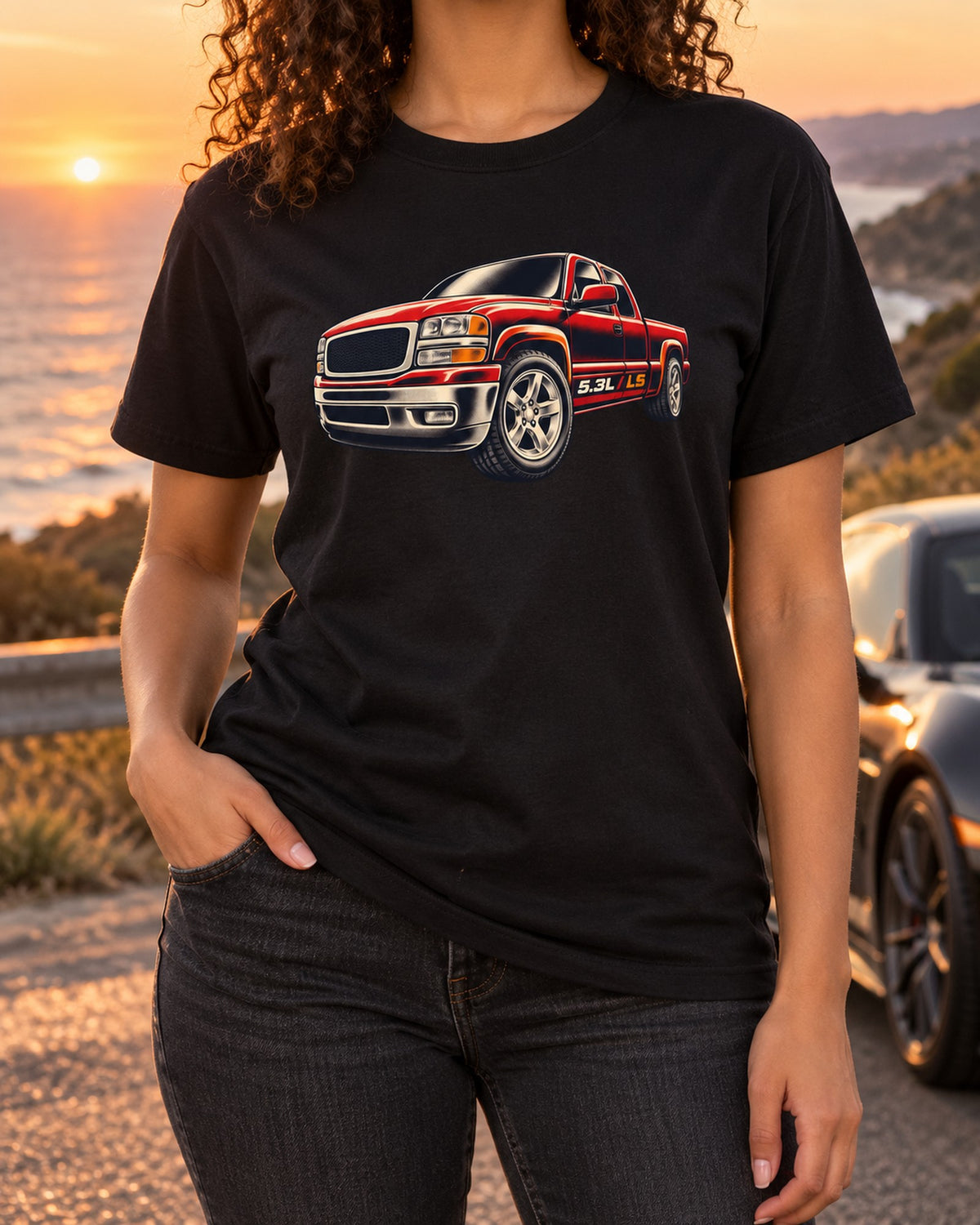 LS 5.3L Wheel Close-Up Shirt, Silverado GMT800 Two-Colour Print T-Shirt Black worn hero