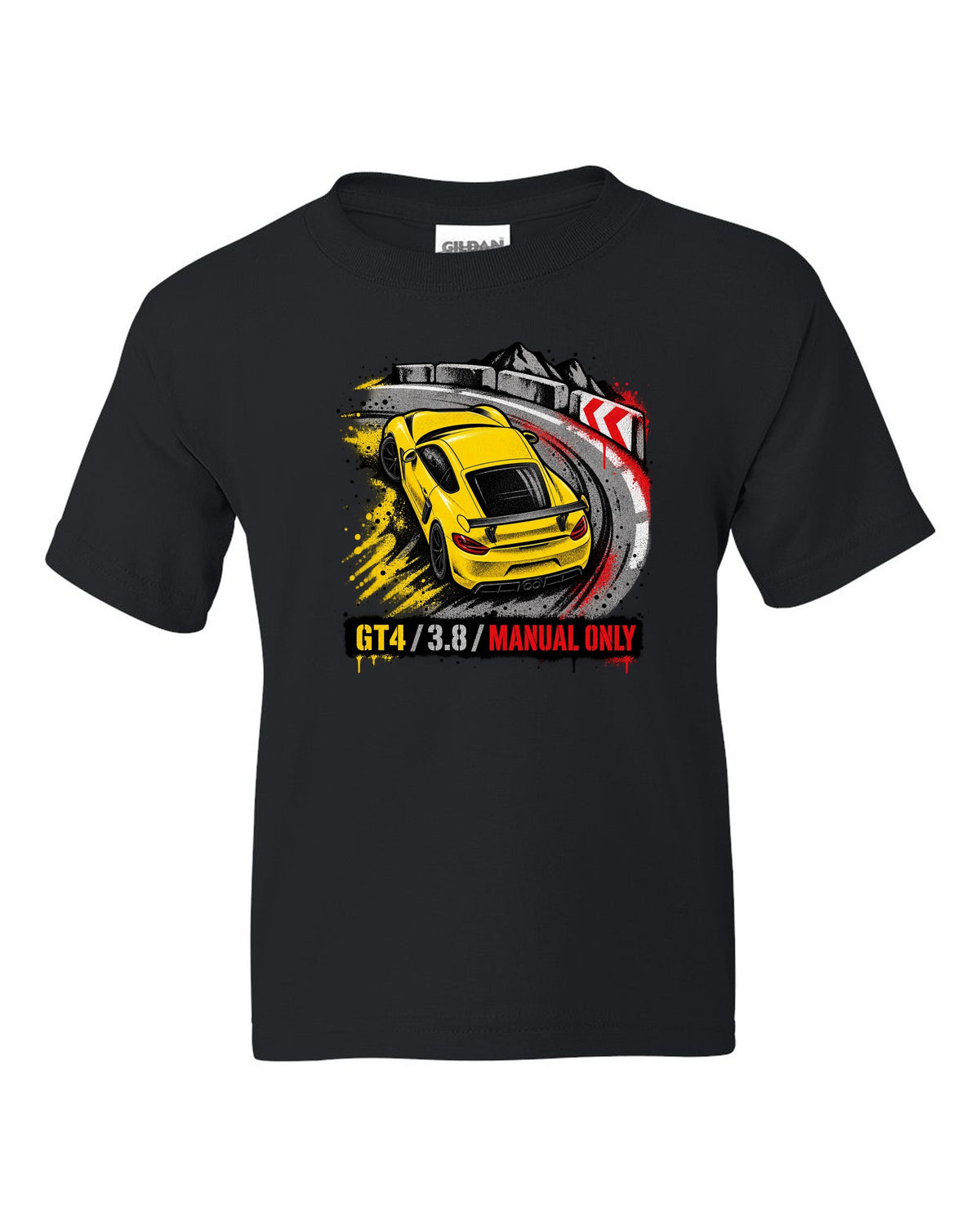 Engraved tachometer illustration for the Porsche 911 GT3 RS 991.2 black kids tee front view with the design