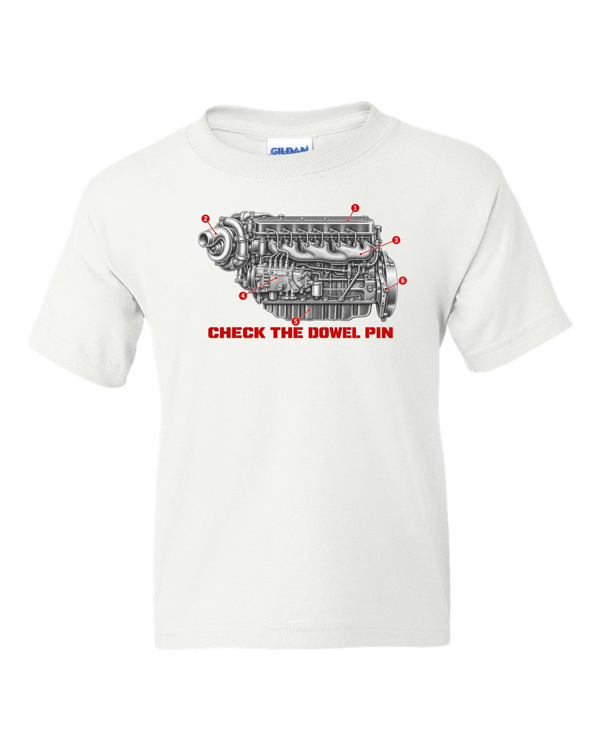 Engine hero print of a 1994-98 Ram 2500 5.9L 12-valve Cummins inline six white kids tee front view with the design