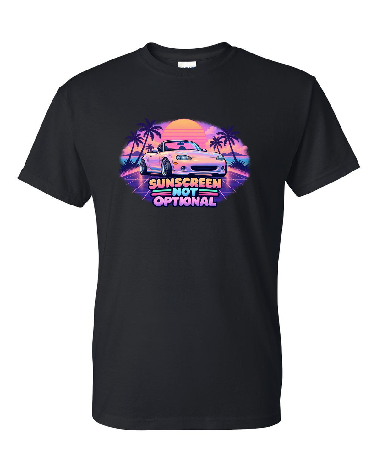 Vaporwave pastel print of a Mazda MX-5 NB Miata with the roof down and the text Sunscreen Not Optional black t-shirt front view with the design