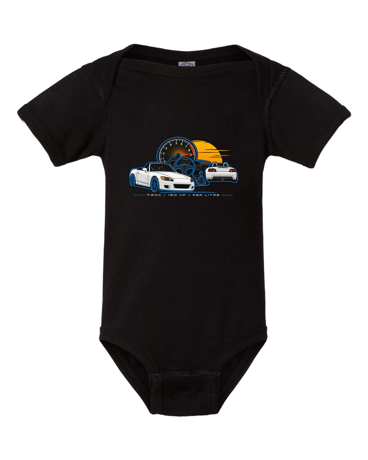 Minimal single-line contour print of a 1999 Honda S2000 AP1 with F20C 120 HP Per Litre lettering black baby onesie front view with the design