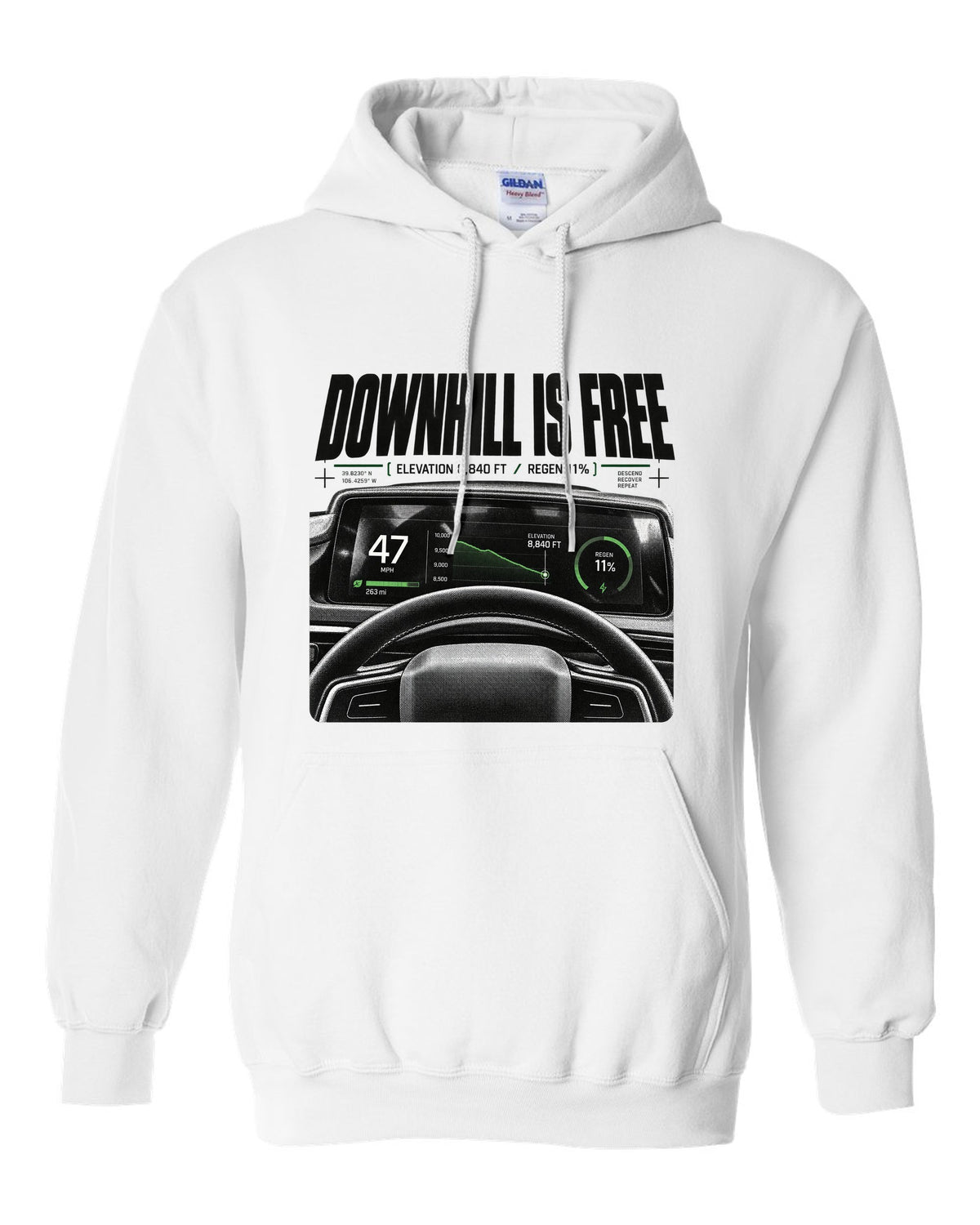 Rivian R1T 2022 cockpit gauge readout with downhill is free, elevation 8,840 ft and regen 11% white pull over hoodie front view with the design