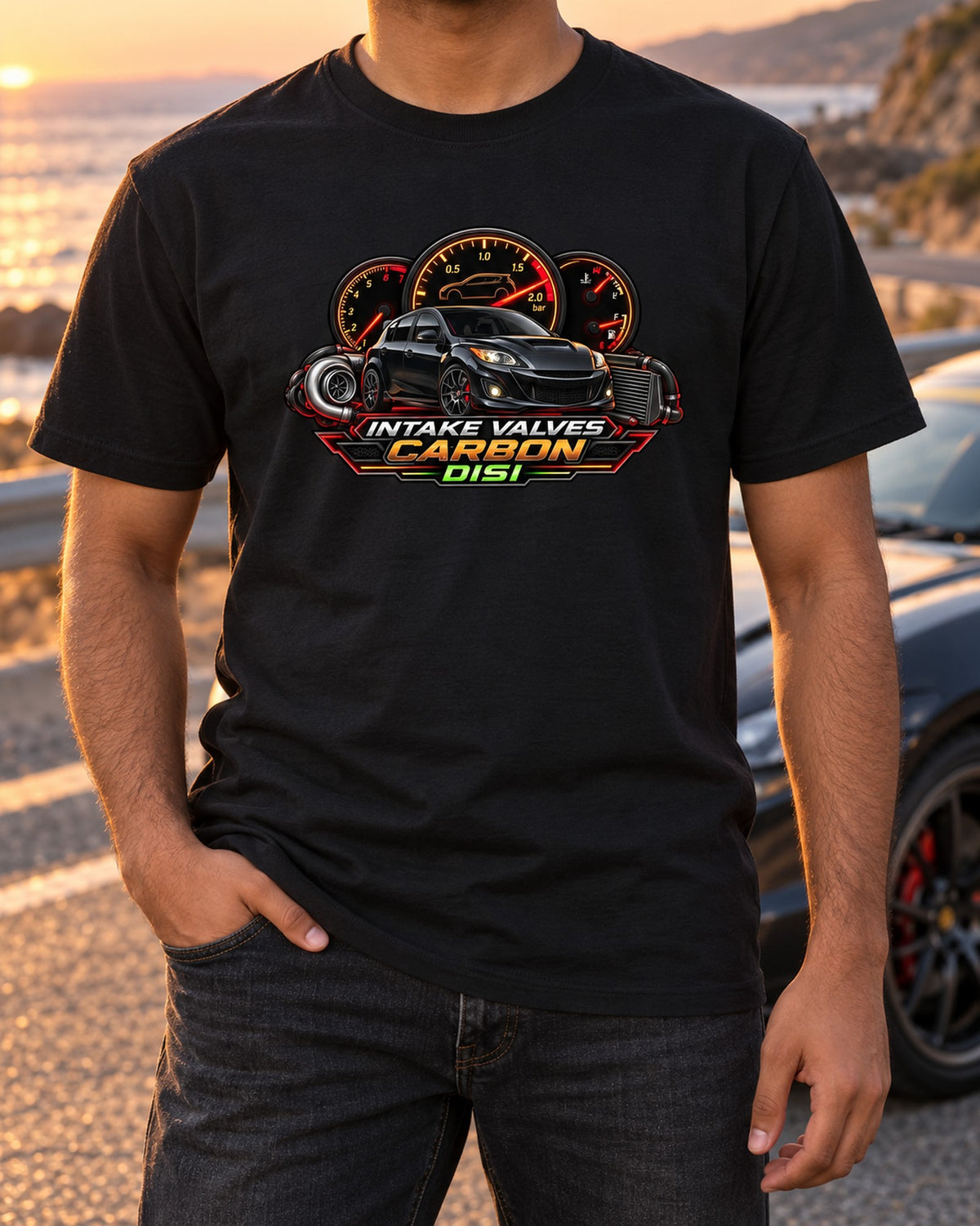 Mazdaspeed3 BK/BL Carbon Intake Valve HUD Shirt, DISI T-Shirt Black worn hero
