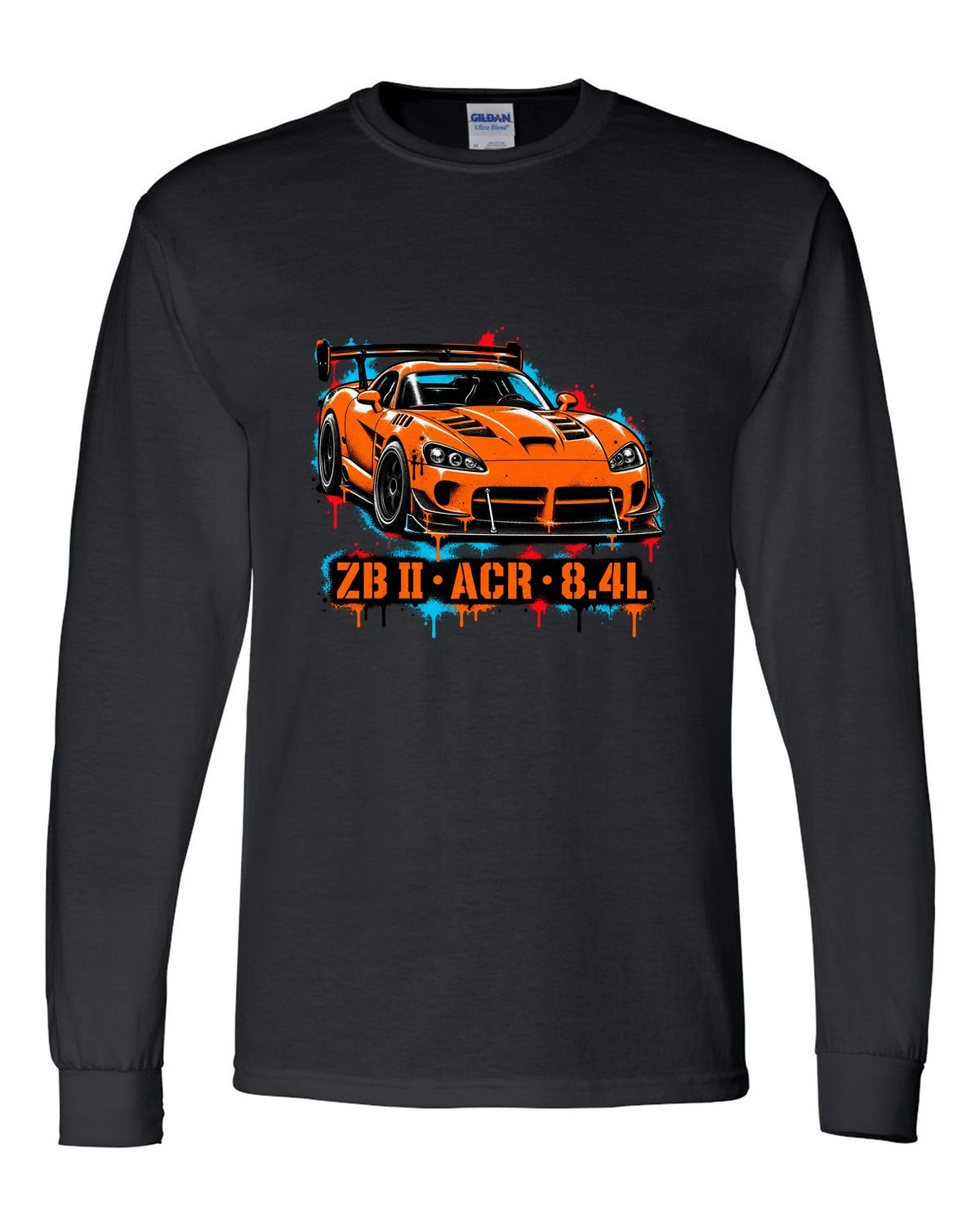 Stencil spray street art of a 2008 Dodge Viper ACR with large rear wing, ZB II ACR 8.4L lettering black long sleeve front view with the design