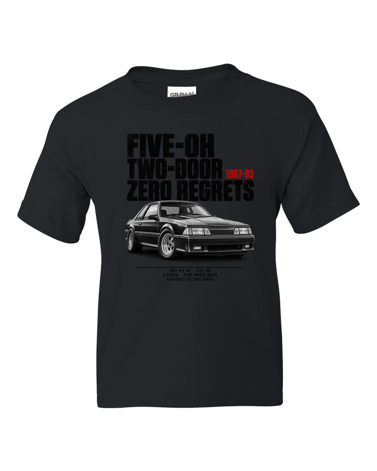 Halftone illustration of a Ford Mustang Fox body notchback with five-oh two-door lettering black kids tee front view with the design