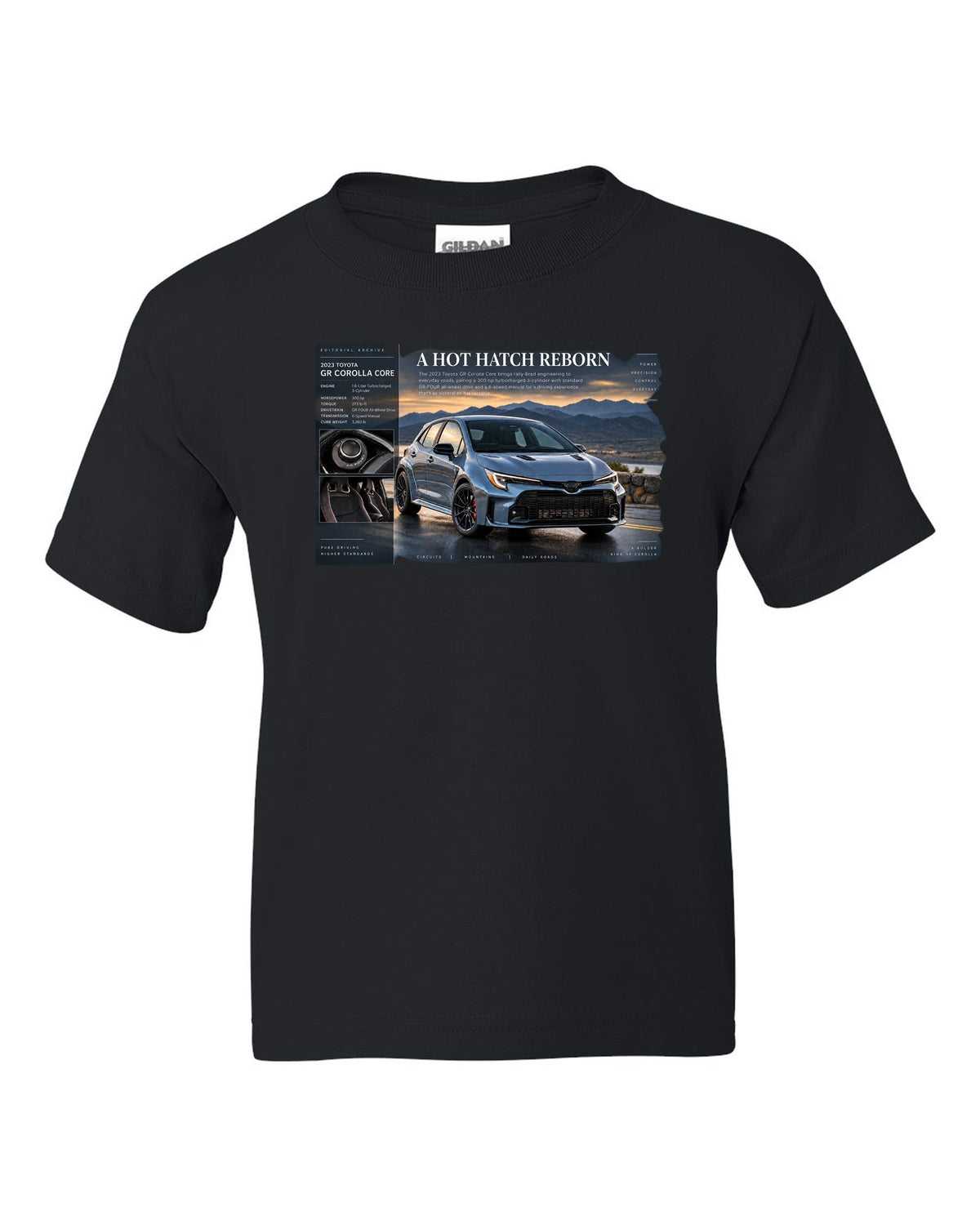 Toyota GR Corolla Core 2023 front three-quarter archive panel black kids tee front view with the design