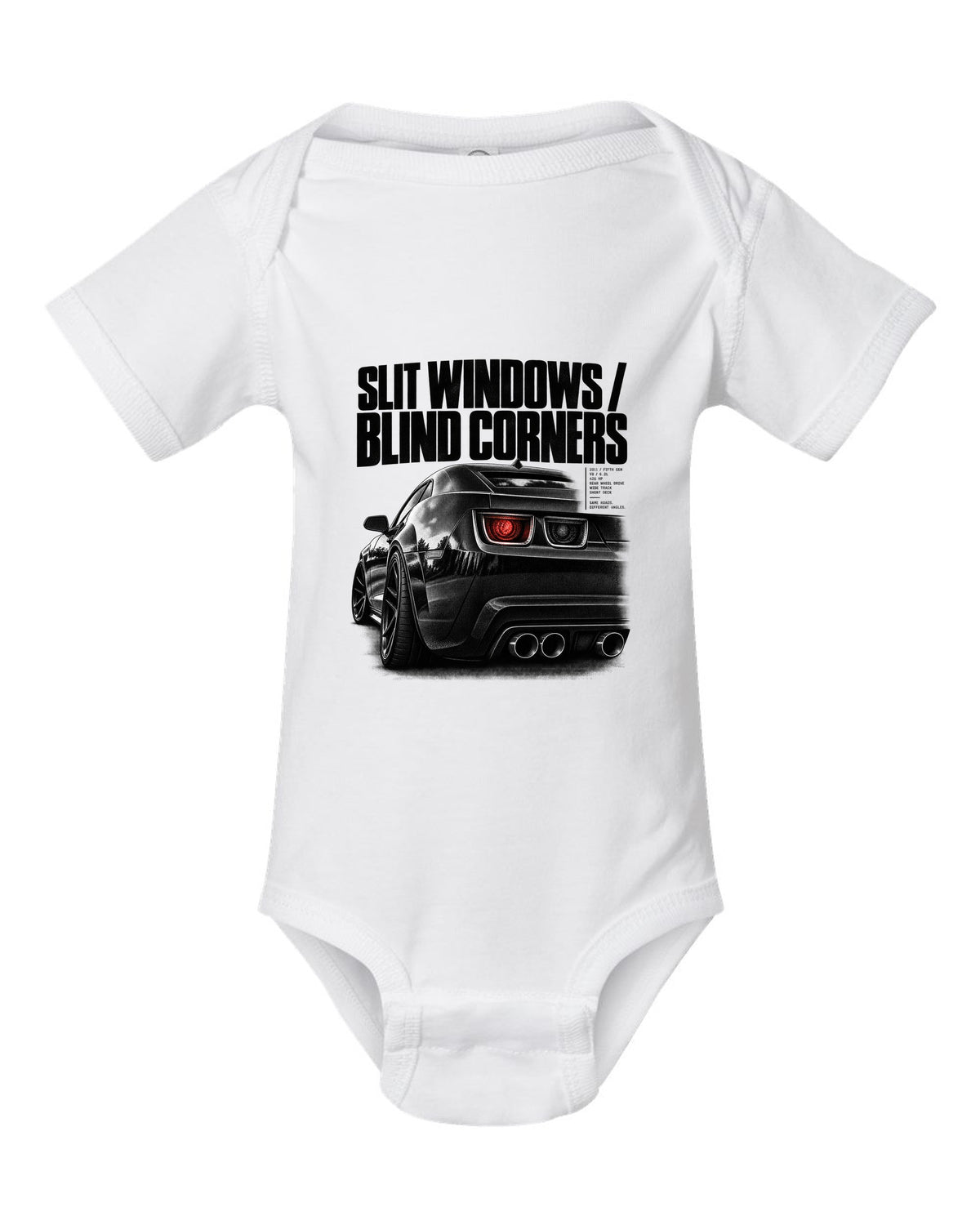 Rear three-quarter taillight print of a 2011 Chevrolet Camaro SS with slit windows text white baby onesie front view with the design