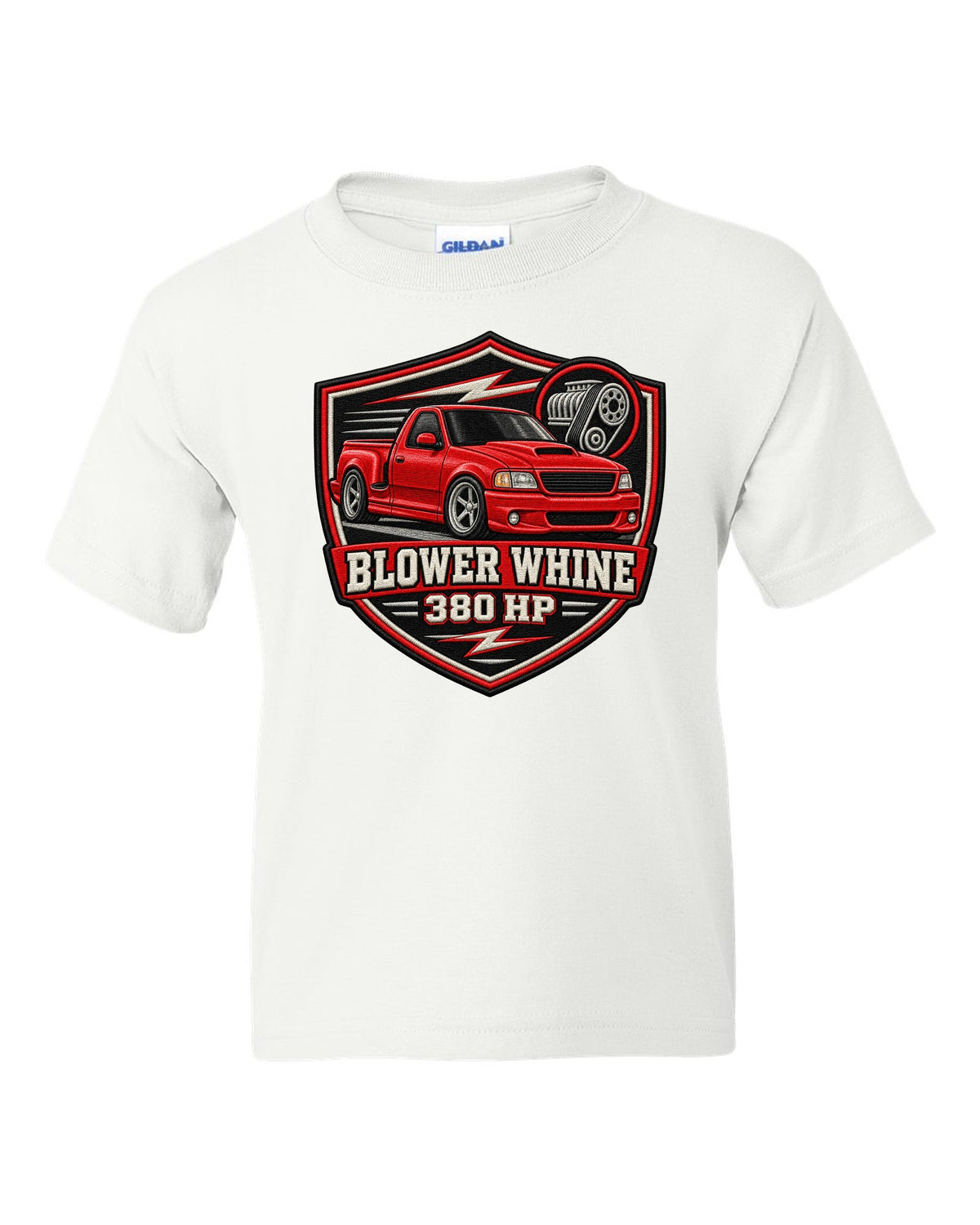 Ford F-150 SVT Lightning 1999-2004 in an embroidered varsity crest print white kids tee front view with the design