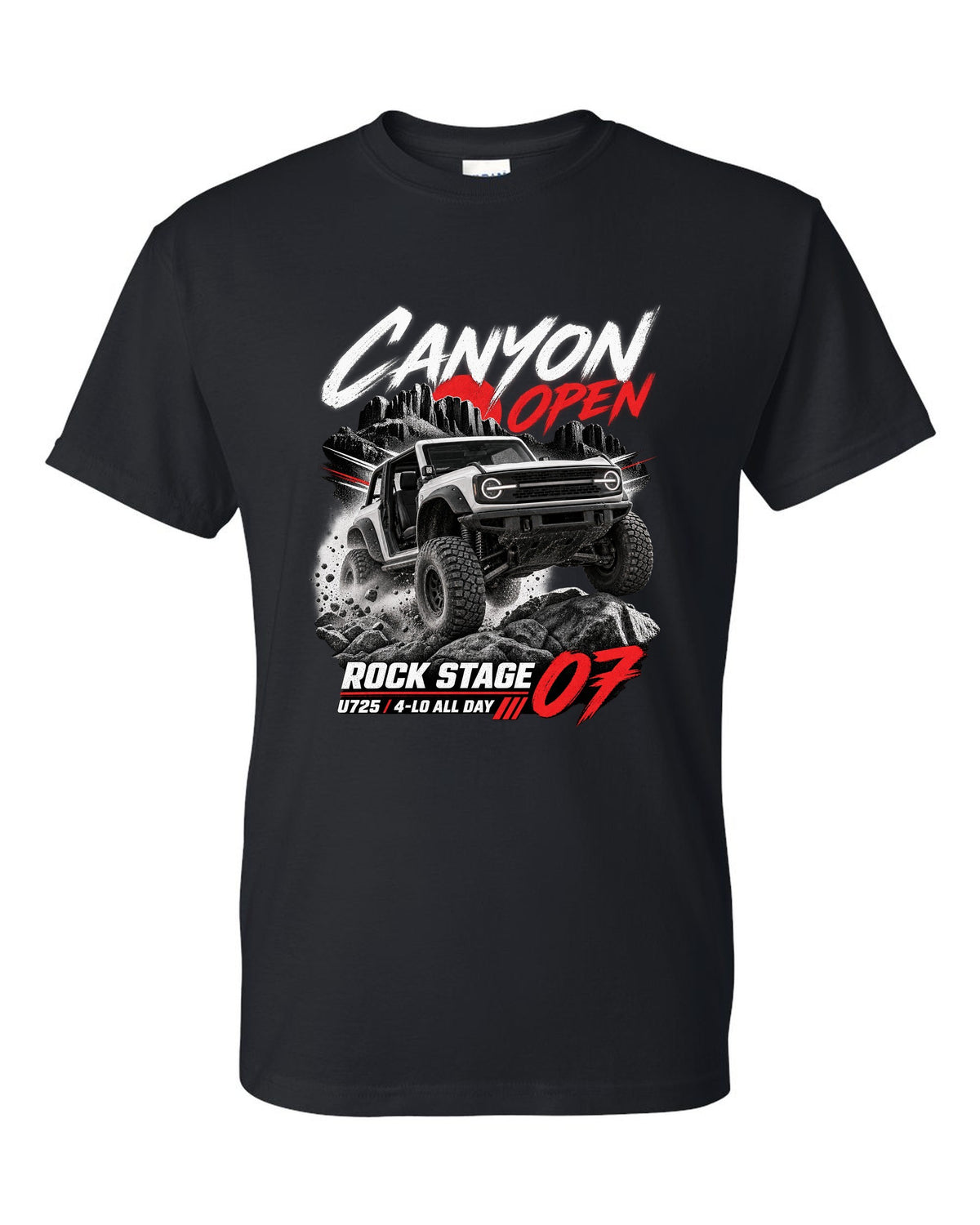 Ford Bronco 2021 two-door U725 race poster print with Rock Stage 07 and 4-Lo text black t-shirt front view with the design