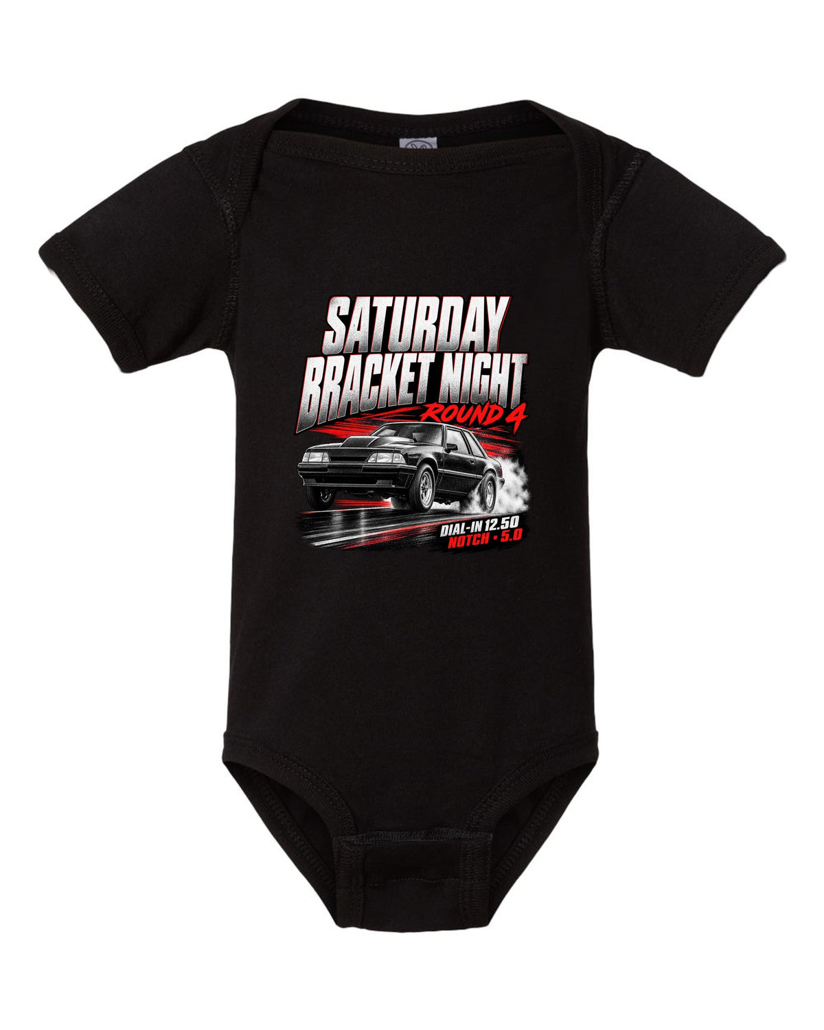 Race poster illustration of a Fox body Mustang notchback drag build for bracket night round 4 black baby onesie front view with the design
