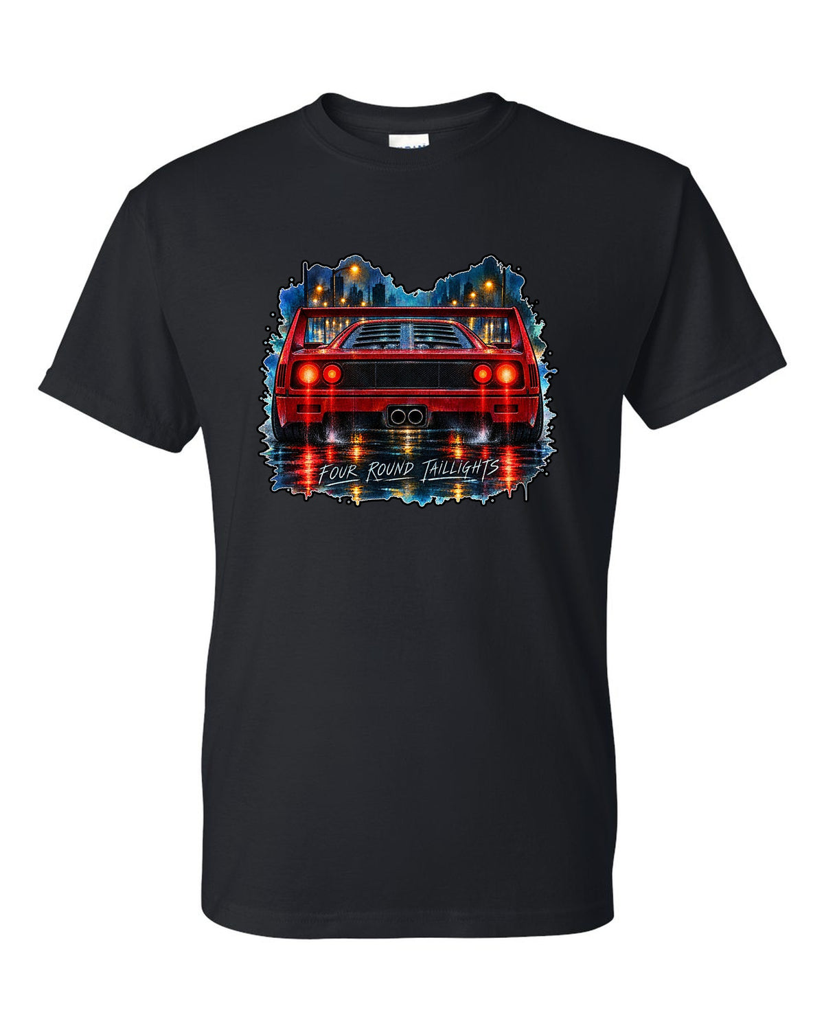Watercolour wet-road night print of the rear of a 1987 Ferrari F40 F120 with four round taillights text black t-shirt front view with the design