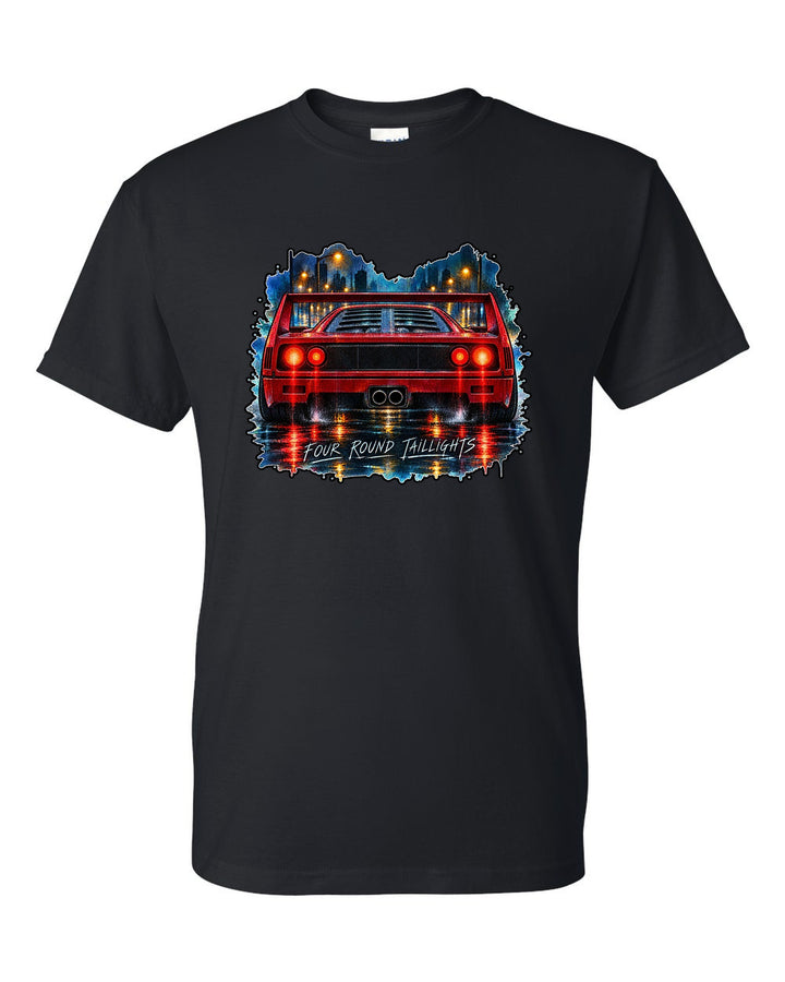 Watercolour wet-road night print of the rear of a 1987 Ferrari F40 F120 with four round taillights text black t-shirt front view with the design