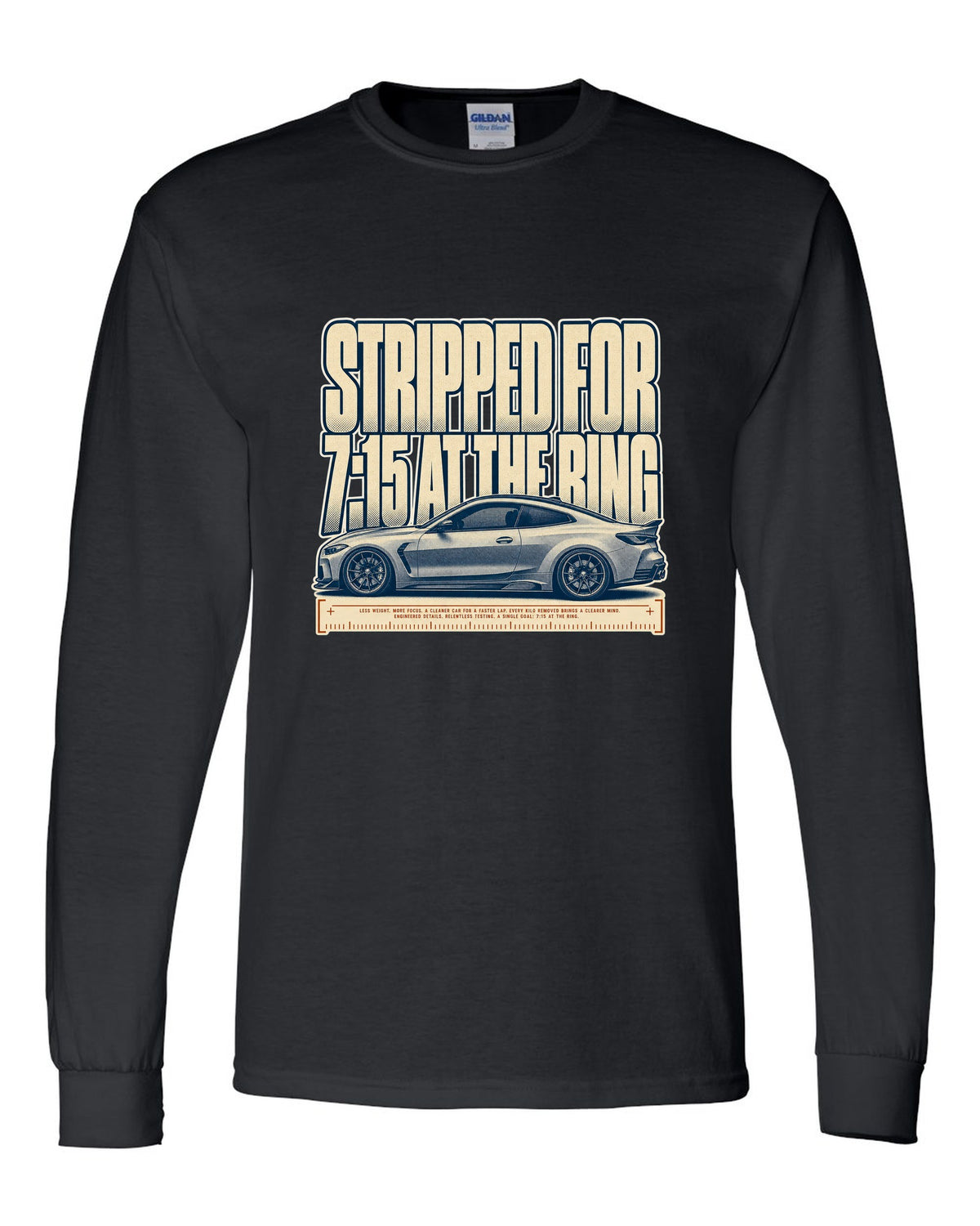 BMW M4 CSL G82 halftone print with 7:15 at the Ring text black long sleeve front view with the design