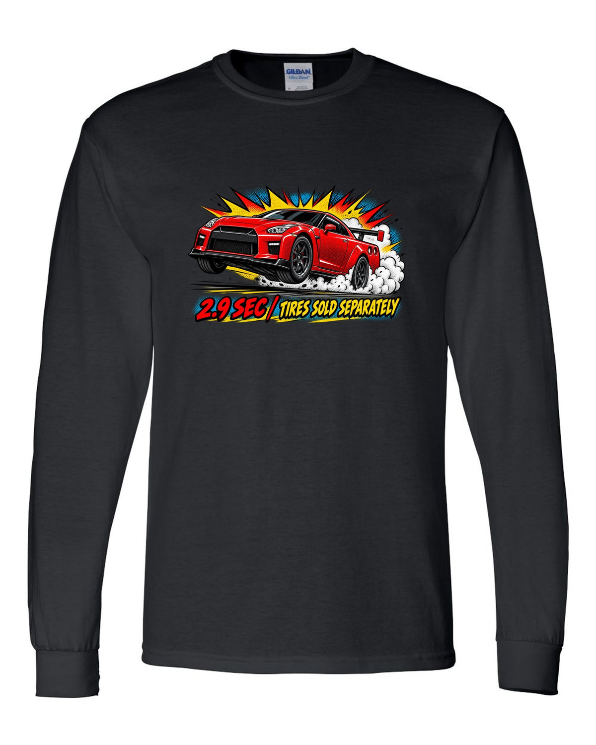 Comic halftone pop-art print of a Nissan GT-R R35 launching with 2.9 sec text black long sleeve front view with the design