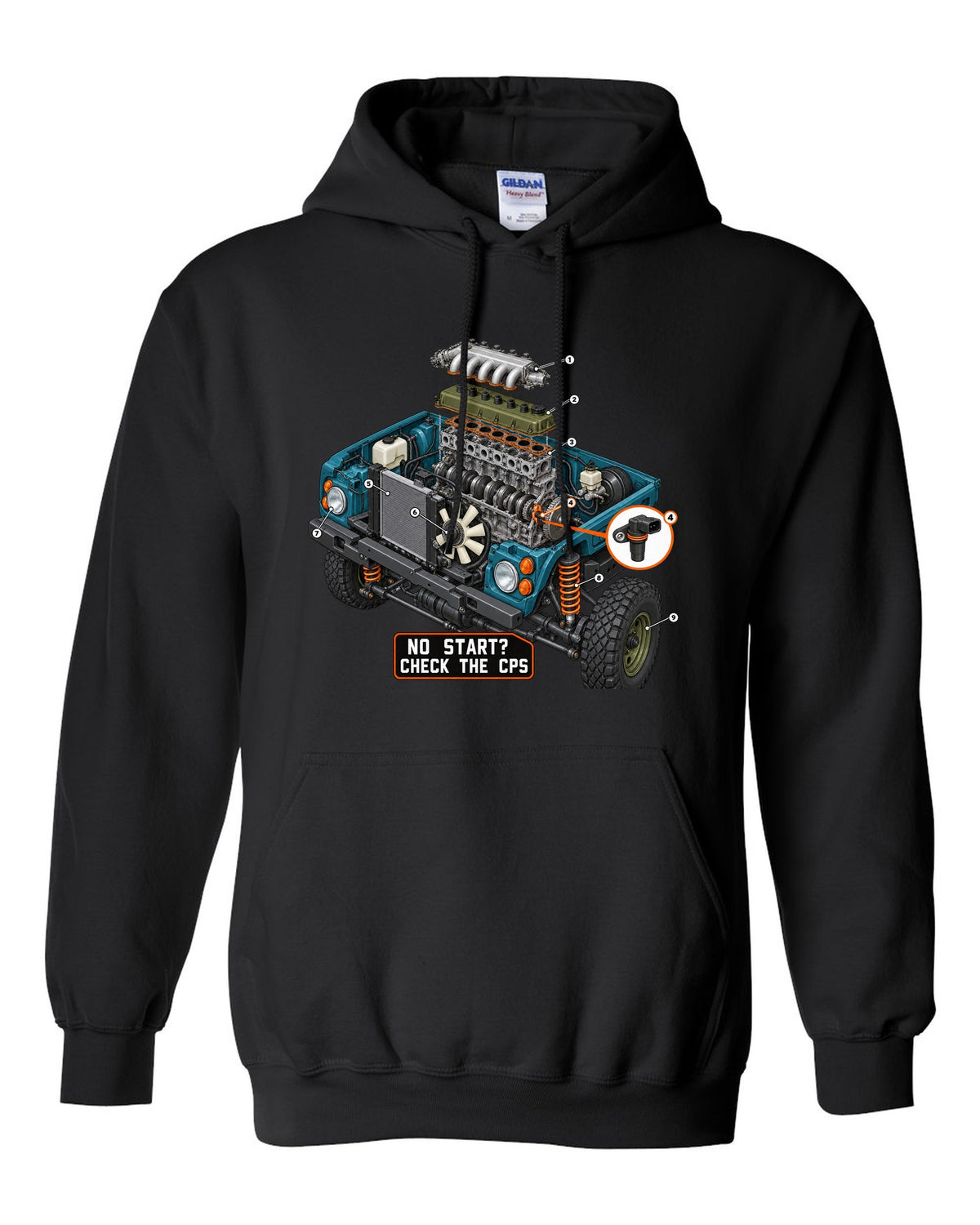 Exploded cutaway engine print of a Jeep Wrangler TJ with check the CPS text black pull over hoodie front view with the design