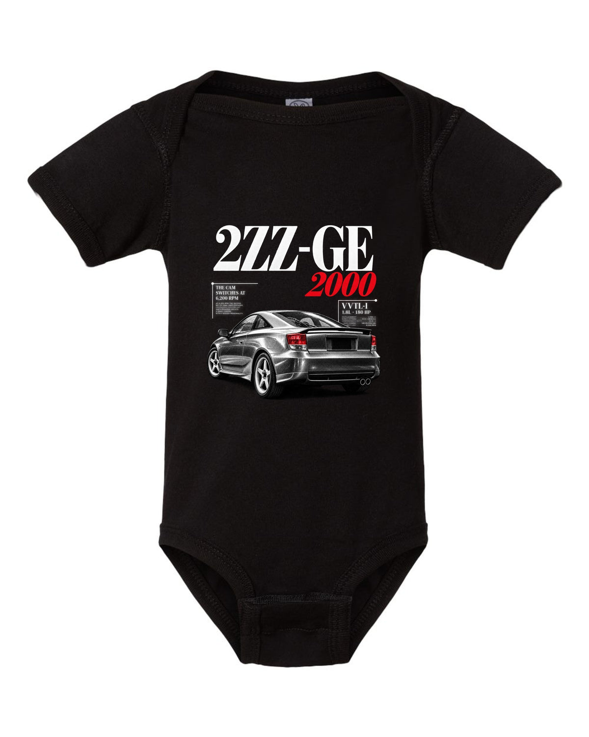 Editorial headline print of a Toyota Celica ZZT231 with 2ZZ-GE cam switches at 6,200 rpm black baby onesie front view with the design