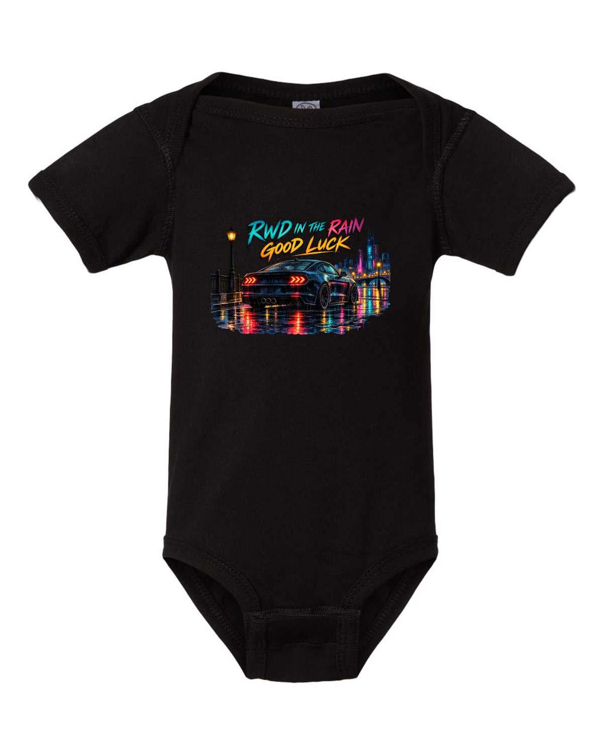 Hyundai Genesis Coupe BK2 watercolour wet road night print with RWD in the rain text black baby onesie front view with the design