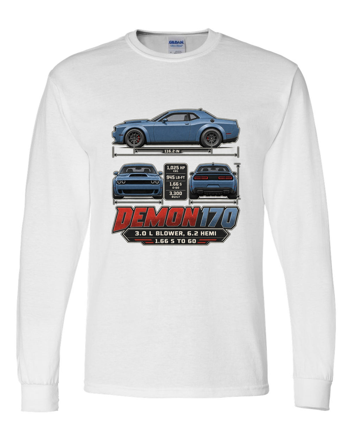 Dodge Challenger SRT Demon 170 dimension blueprint print white long sleeve front view with the design