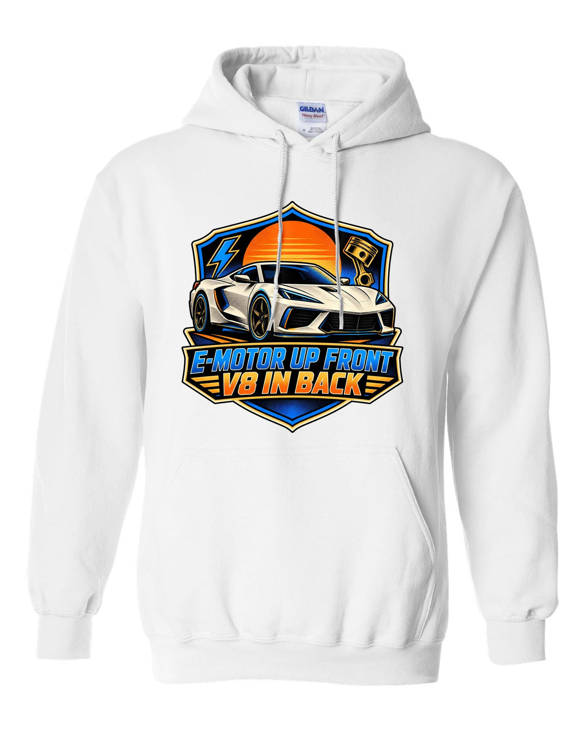 Comic halftone panel of a 2020 C8 Corvette Stingray with e-motor and V8 lettering white pull over hoodie front view with the design