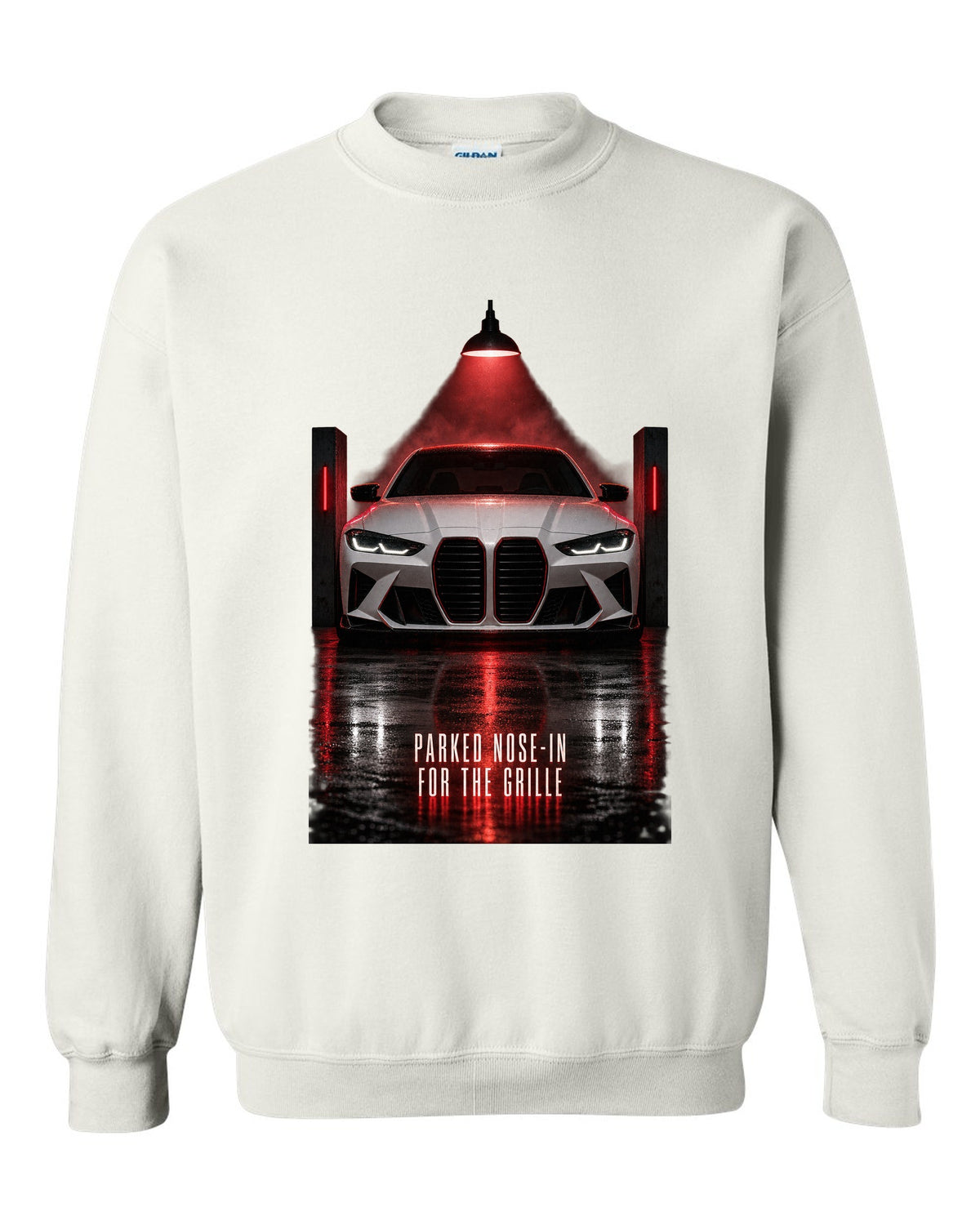 BMW G80 M3 garage night print with parked nose-in for the grille text white crewneck front view with the design