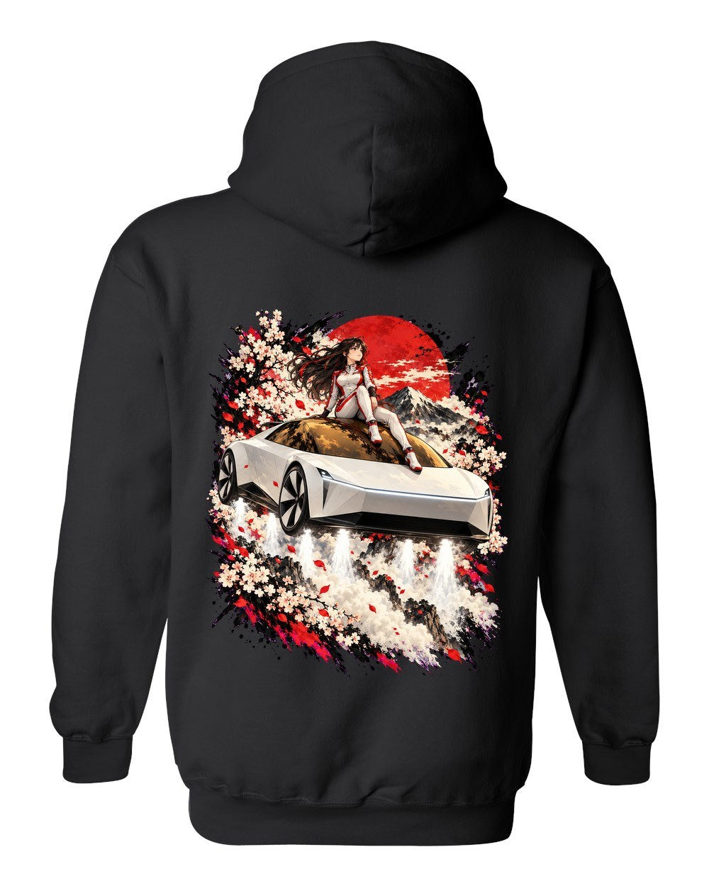 Tesla Roadster Rooftop Anime Girl Pull Over Hoodie Black back