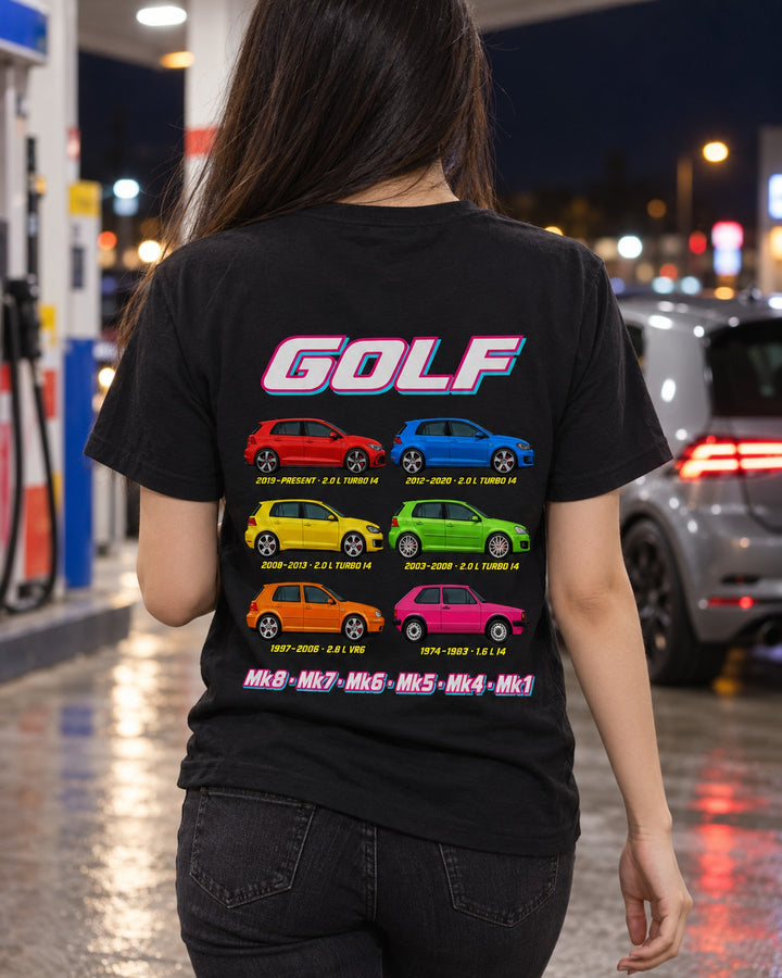 VW Golf Evolution Poster Full-Back Graphic Tee T-Shirt Black worn hero