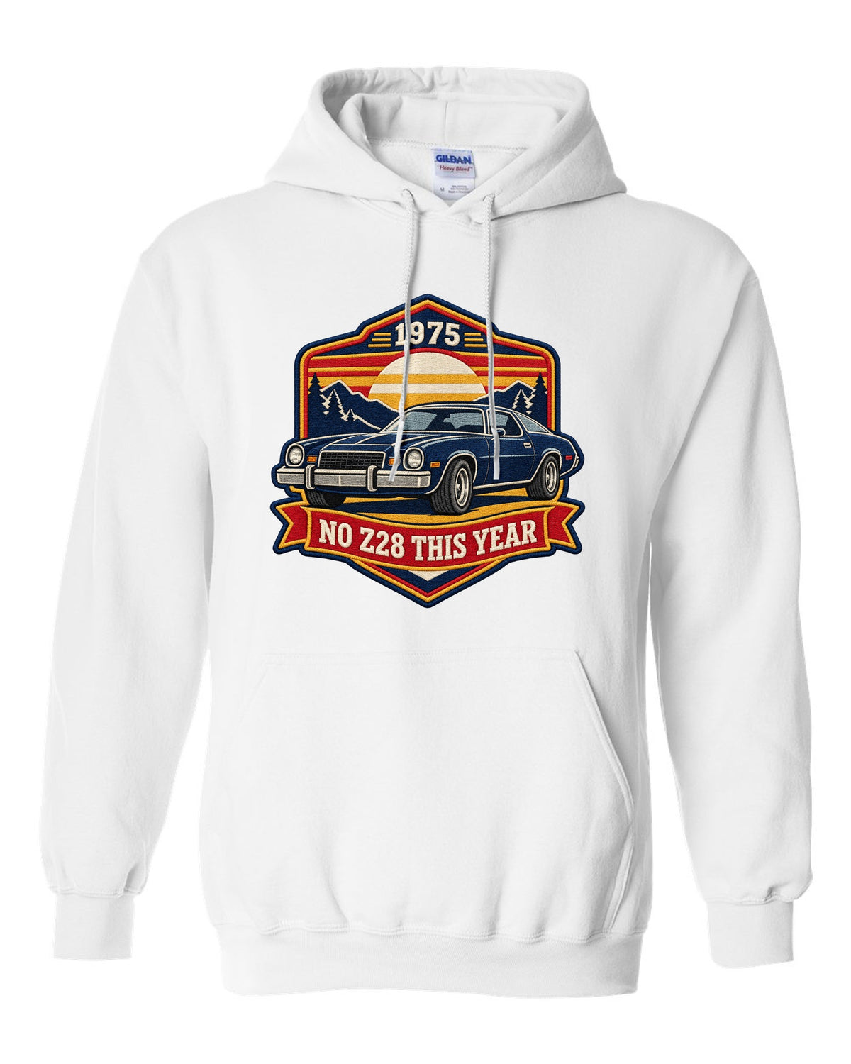 1975 Camaro second-generation in an embroidery patch style crest with the text No Z28 This Year white pull over hoodie front view with the design