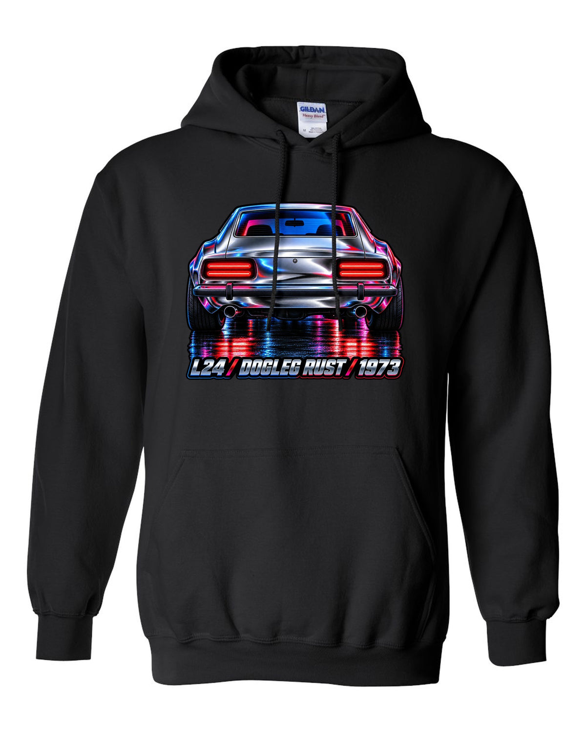 Airbrush chrome close-up of a 1973 Datsun 240Z rear taillights black pull over hoodie front view with the design