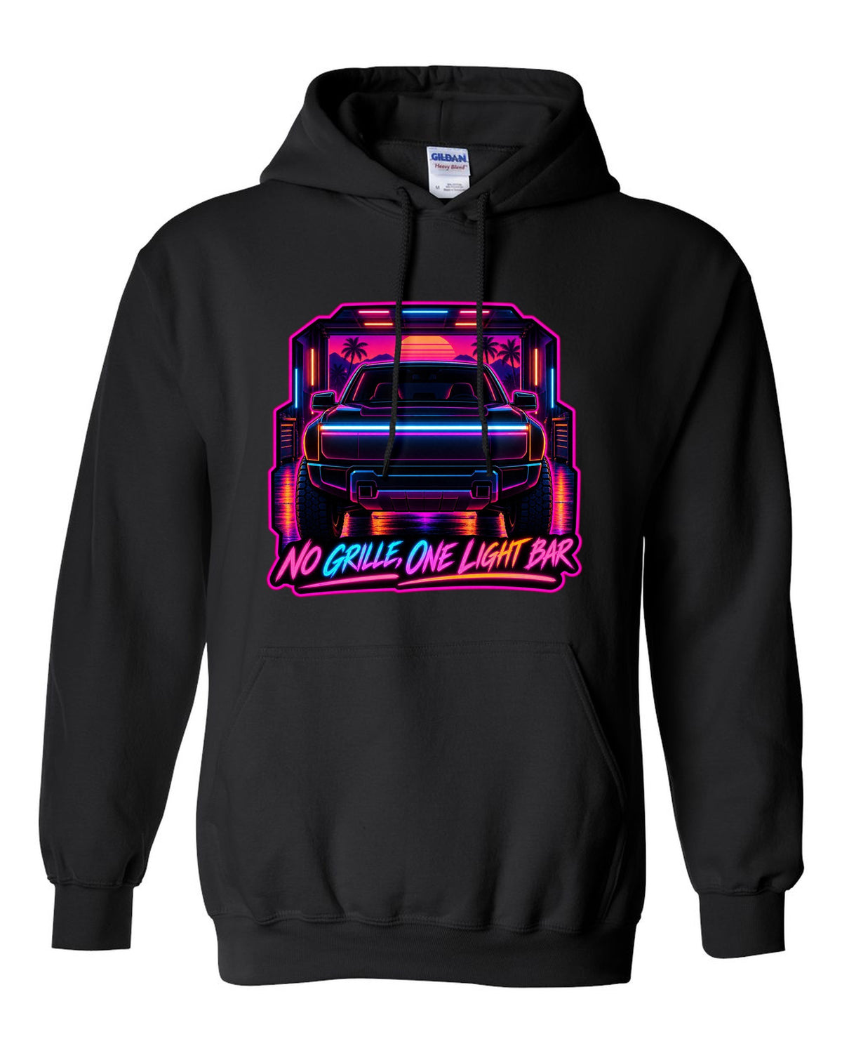 Ford F-150 Lightning neon synthwave glow print with no grille and one light bar text black pull over hoodie front view with the design