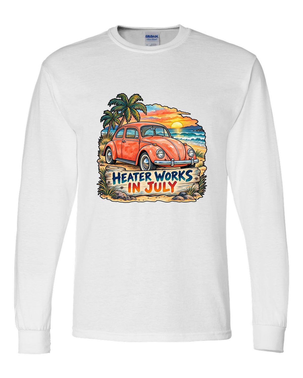 Watercolour sunset beach scene with a 1960s VW Beetle Type 1 and heater works in July text white long sleeve front view with the design