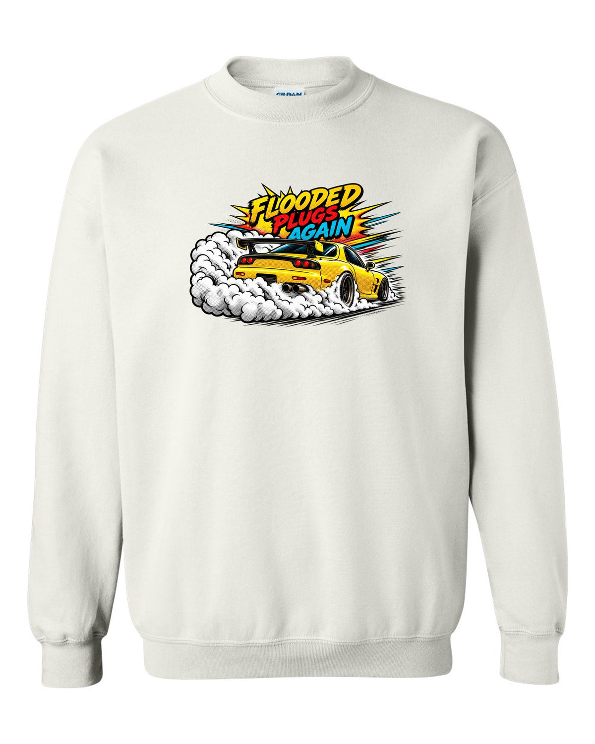 Comic halftone pop art print of a Mazda RX-7 FD3S with text Flooded, Plugs, Again white crewneck front view with the design