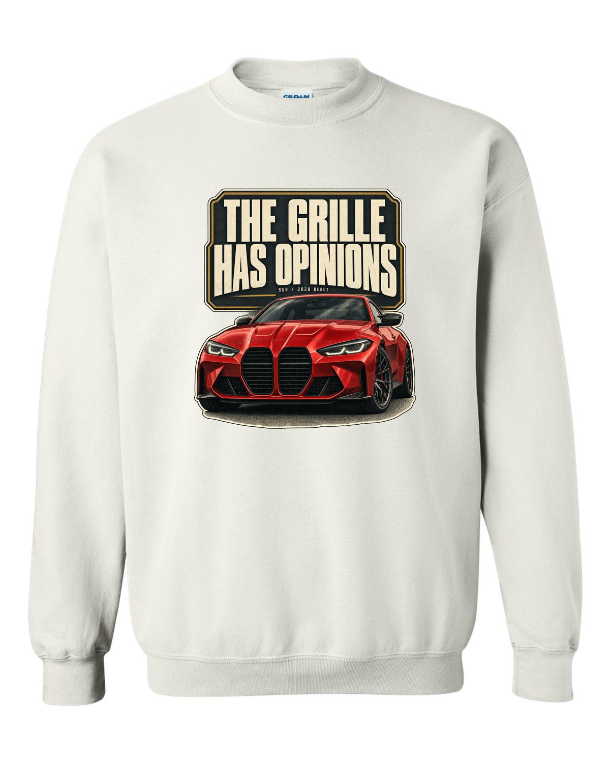 BMW M4 Competition G82 editorial headline print about the grille white crewneck front view with the design