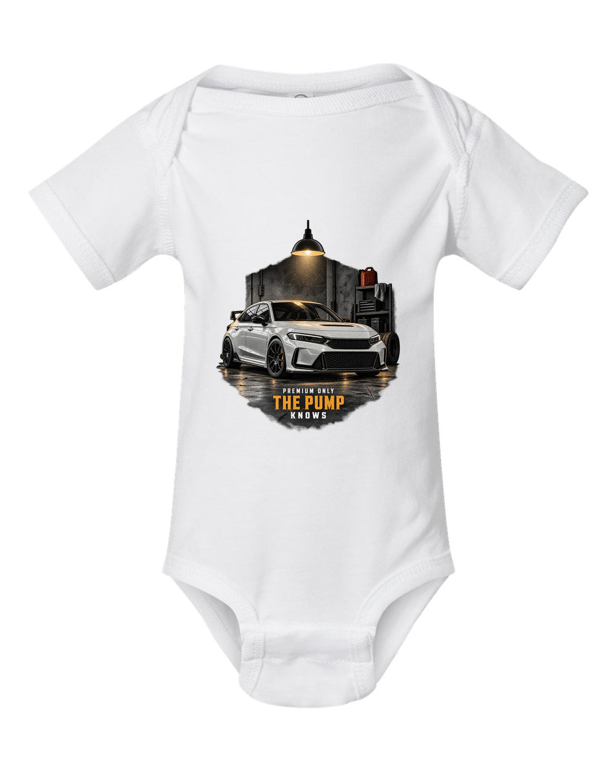 Honda Civic FL5 chback garage night design with premium only 98 octane text white baby onesie front view with the design