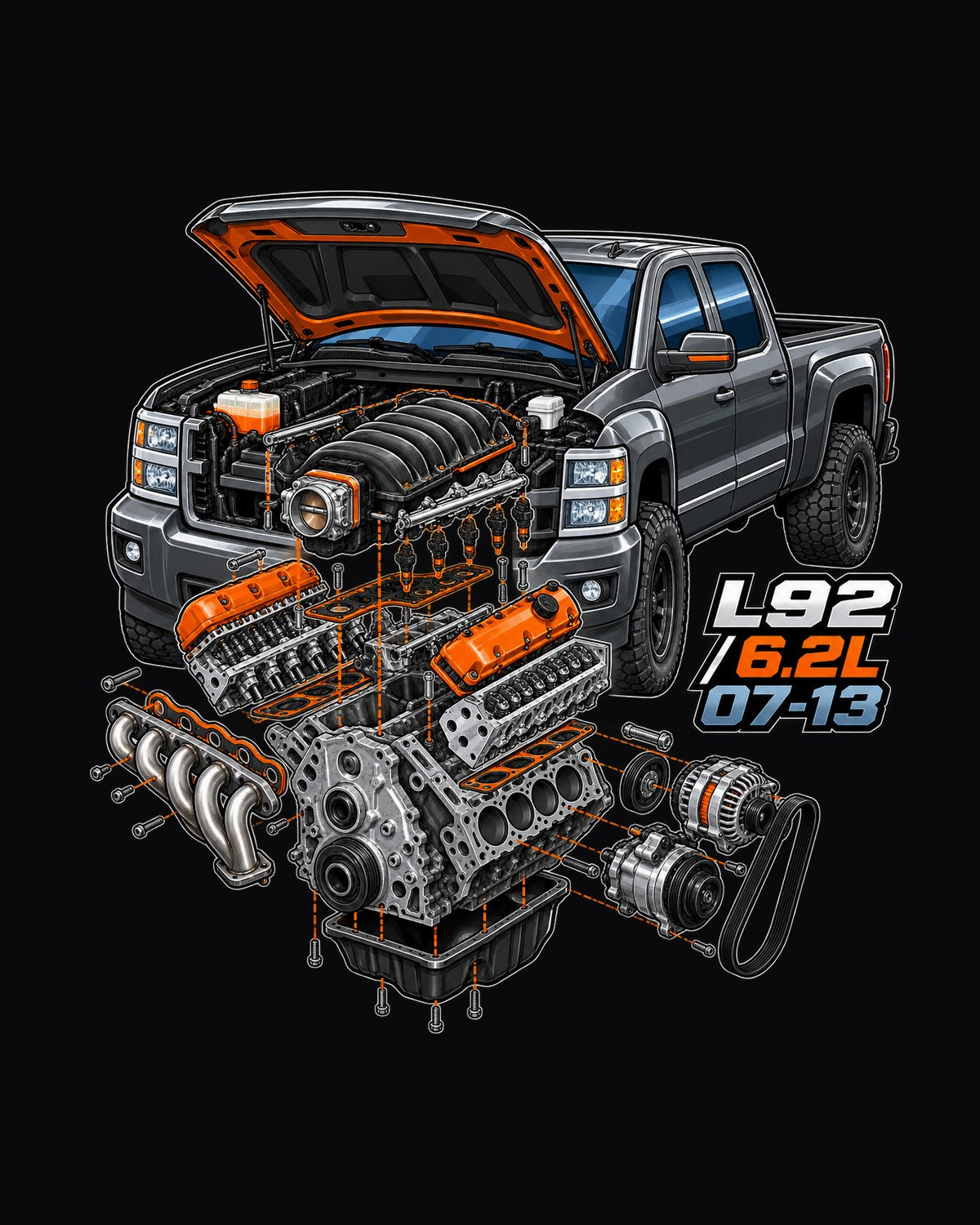 Silverado GMT900 L92 6.2L Exploded Engine Bay Tee, 2007-2013 design only
