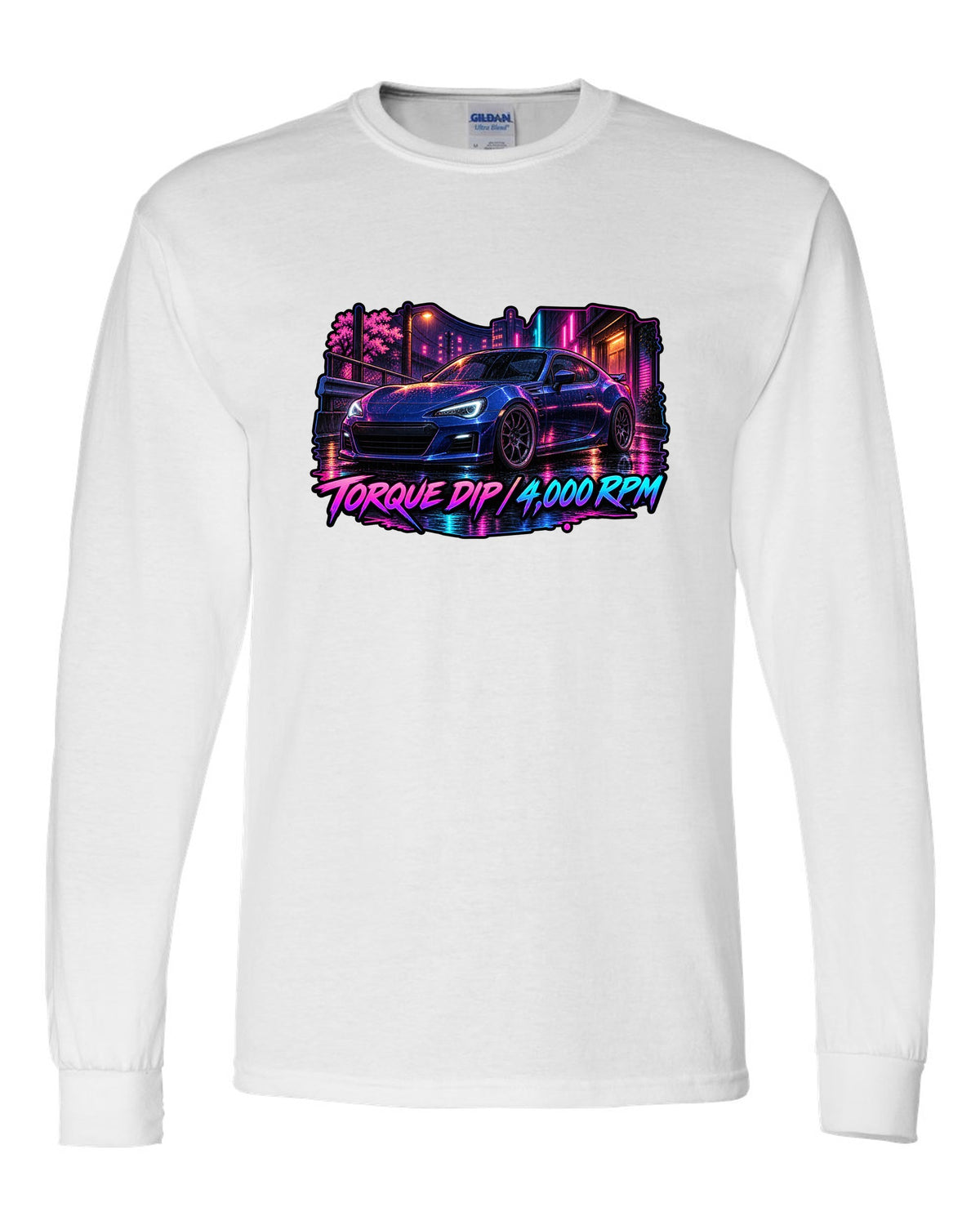 Spray-paint graffiti style Subaru BRZ ZD8 drifting with FA24 2.4L dip fixed text white long sleeve front view with the design