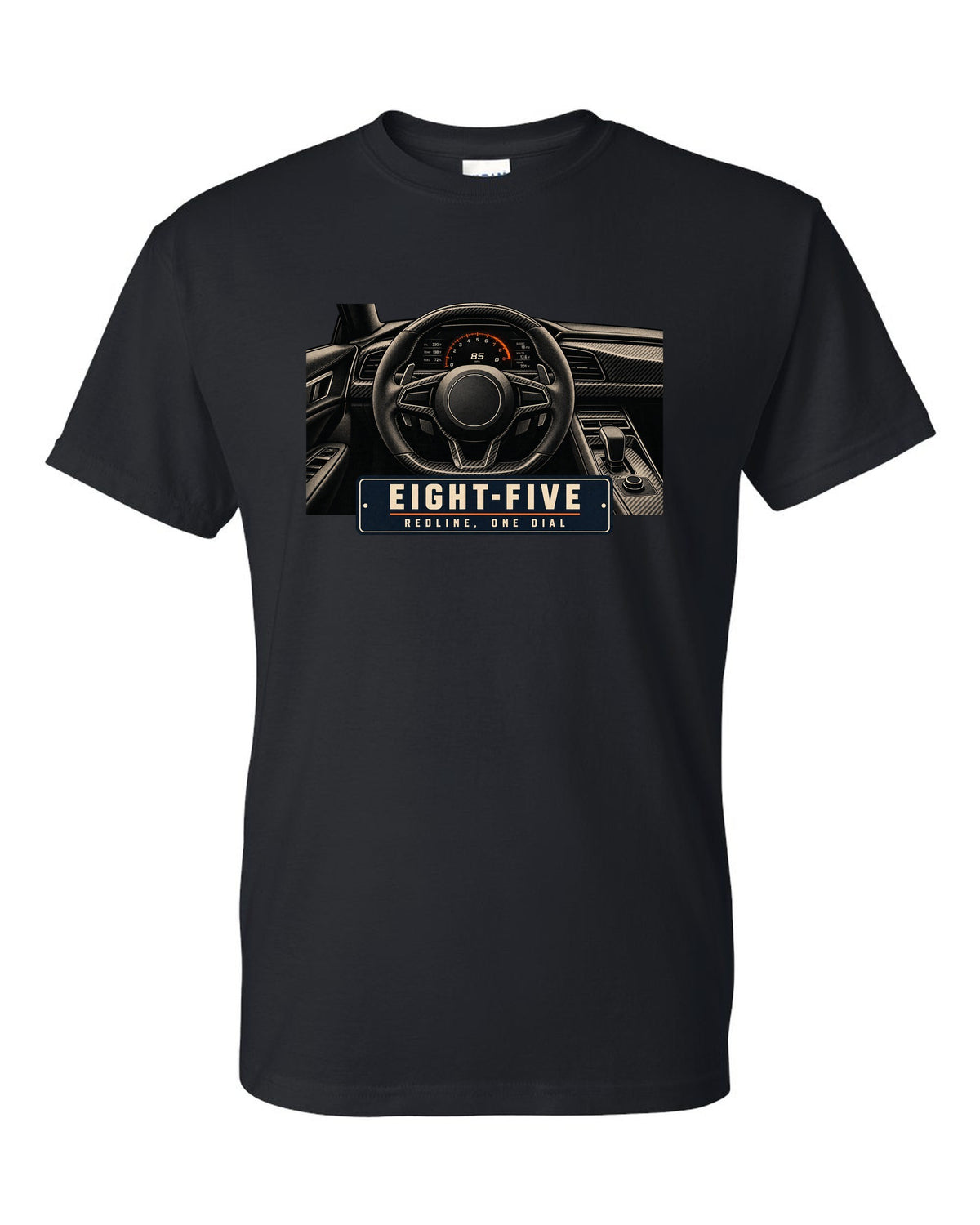 Cockpit and single dial of the Koenigsegg Jesko with carbon tub and flat dash, print black t-shirt front view with the design