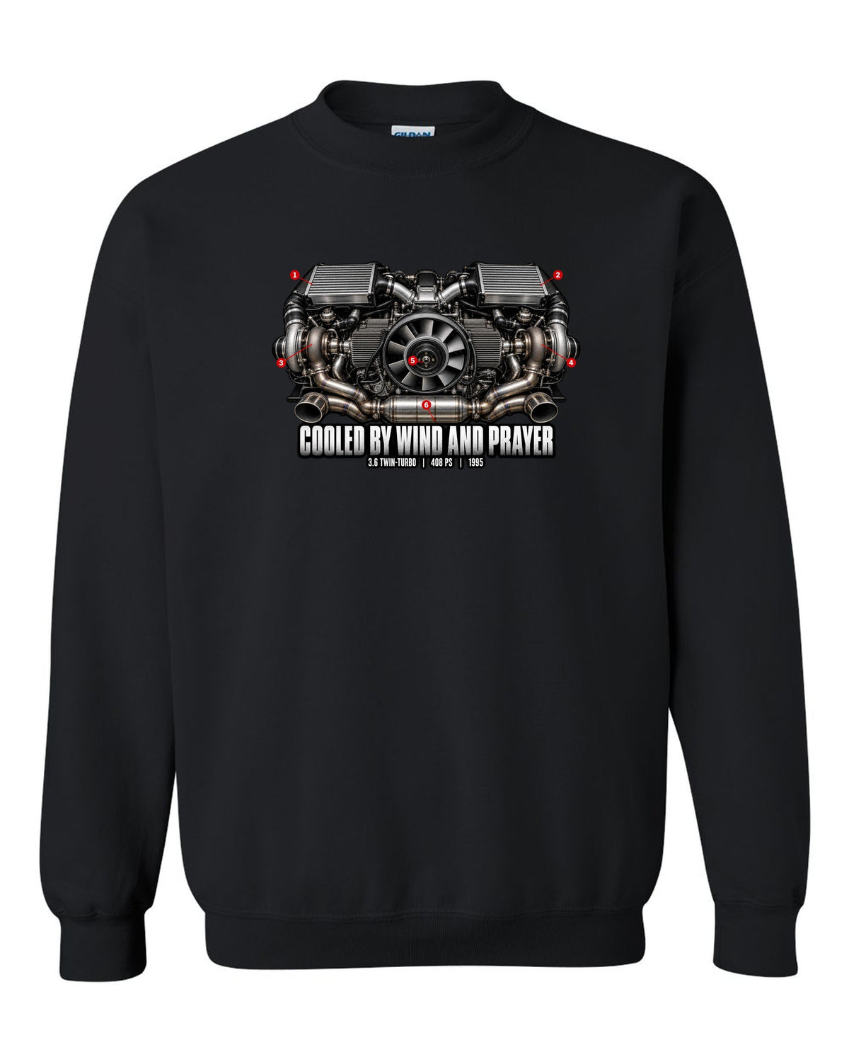 Engine hero print of the Porsche 911 Turbo (993) air-cooled twin-turbo flat-six with the line Cooled By Wind And Prayer black crewneck front view with the design