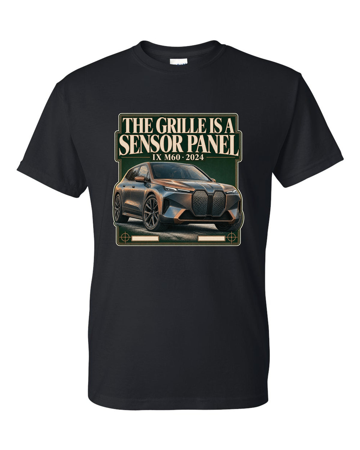 Editorial headline print for the BMW iX M60 I20 saying the grille is a sensor panel black t-shirt front view with the design