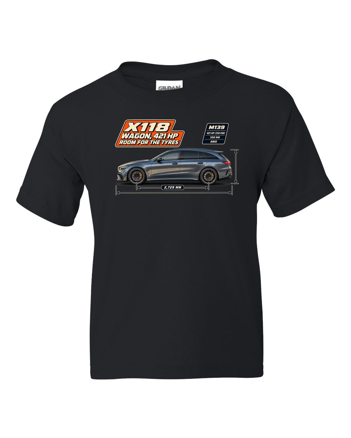 Mercedes-AMG CLA 45 S Shooting Brake X118 wagon spec poster print black kids tee front view with the design