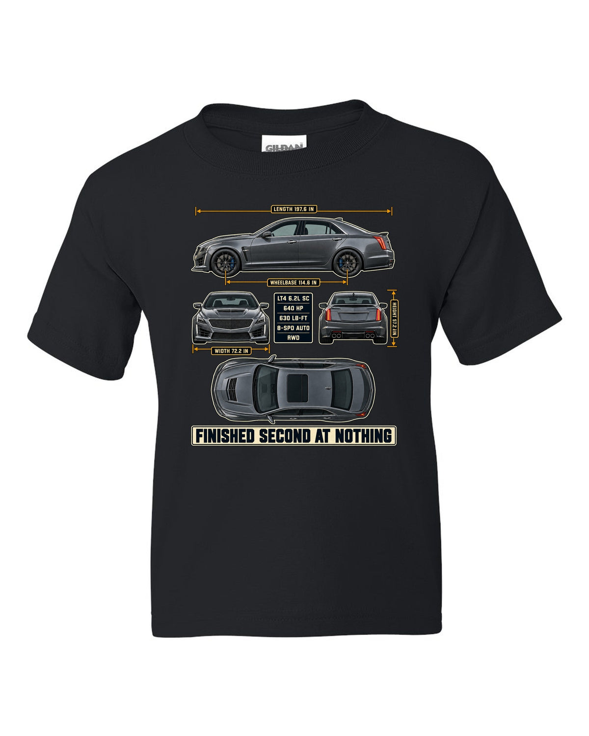 Dimension blueprint print of a 2016-19 Cadillac CTS-V sedan black kids tee front view with the design