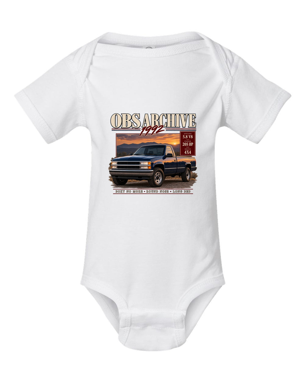 Ford F-150 OBS 1992-97 archive panel print listing 5.8 V8, 205 HP and 4x4 white baby onesie front view with the design