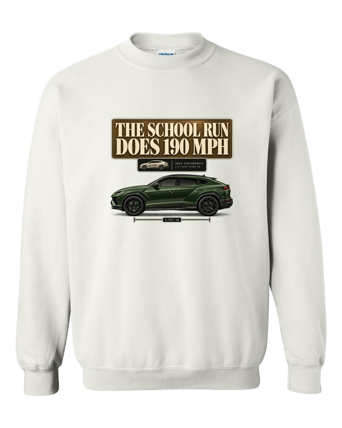 Lamborghini Urus Performante editorial headline print reading the school run does 190 mph white crewneck front view with the design